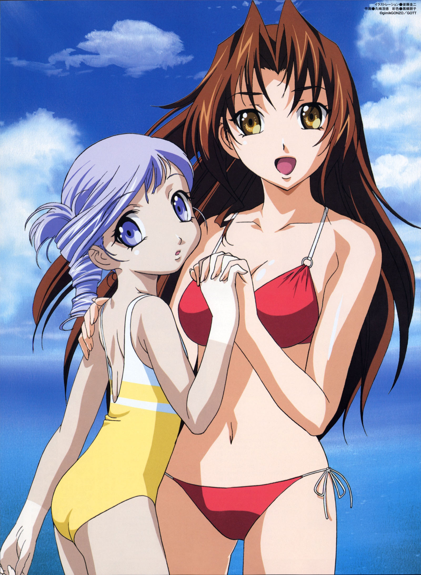 gotou keiji, eclair (kiddy grade), lumiere (kiddy grade), kiddy grade, highres, official art, scan, 00s, 2girls, accessory tan, age difference, bikini, blue eyes, brown hair, child, cloud, day, holding hands, interlocked fingers, long hair, looking at viewer, multiple girls, ocean, one-piece swimsuit, onee-loli, outdoors, red bikini, side-tie bikini bottom, sky, swimsuit, tan, tanline, tanlines, yellow eyes, yellow one-piece swimsuit, yuri