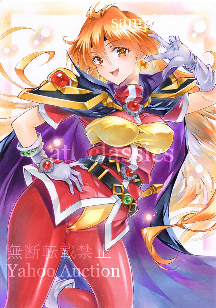 at classics, lina inverse, slayers, commentary request, traditional media, 1girl, :d, armor, bandeau, belt, black belt, black cape, black headband, boots, border, breasts, cape, covered erect nipples, cowboy shot, earrings, fang, gem, gloves, gradient border, hand on own hip, headband, jewelry, leggings, long hair, looking at viewer, medium breasts, open mouth, orange border, orange eyes, orange gemstone, orange hair, panties, pauldrons, purple cape, red gemstone, red leggings, red shirt, sample watermark, shirt, shoulder armor, smile, solo, sphere earrings, two-sided cape, two-sided fabric, underwear, v, watermark, white background, white boots, white gloves, white trim, yellow bandeau, yellow panties