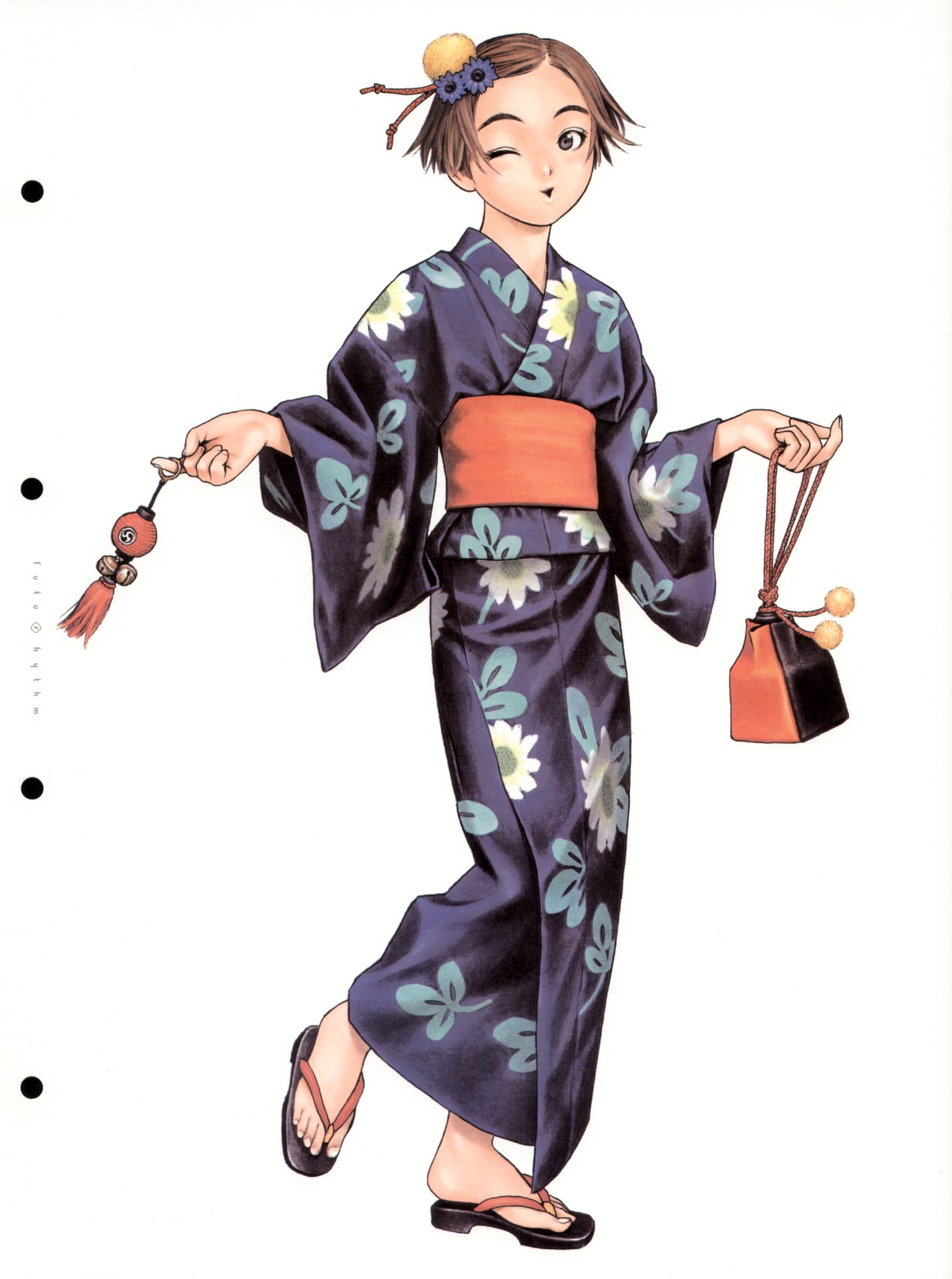 murata range, futurhythm, highres, scan, 1girl, bell, black eyes, bob cut, brown hair, clog sandals, female focus, floral print, flower, full body, hair flower, hair ornament, holding, japanese clothes, jingle bell, kimono, looking at viewer, obi, one eye closed, open mouth, pom pom (clothes), pouch, sandals, sash, short hair, simple background, solo, standing, standing on one leg, tassel, white background, yukata, zouri