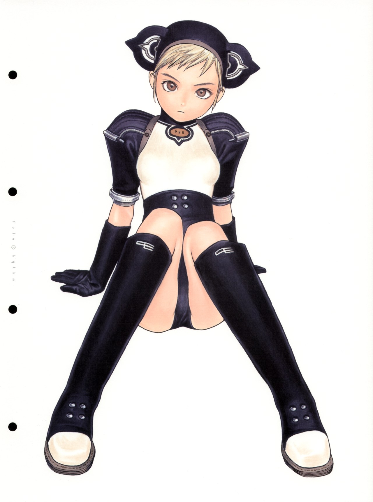 murata range, futurhythm, highres, scan, 1girl, arm support, ass, black boots, black gloves, black hat, black shorts, blonde hair, boots, brown eyes, closed mouth, female focus, frown, full body, gloves, hat, knee boots, knees together feet apart, looking at viewer, puffy short sleeves, puffy sleeves, short hair, short sleeves, shorts, sitting, solo, swept bangs, white background