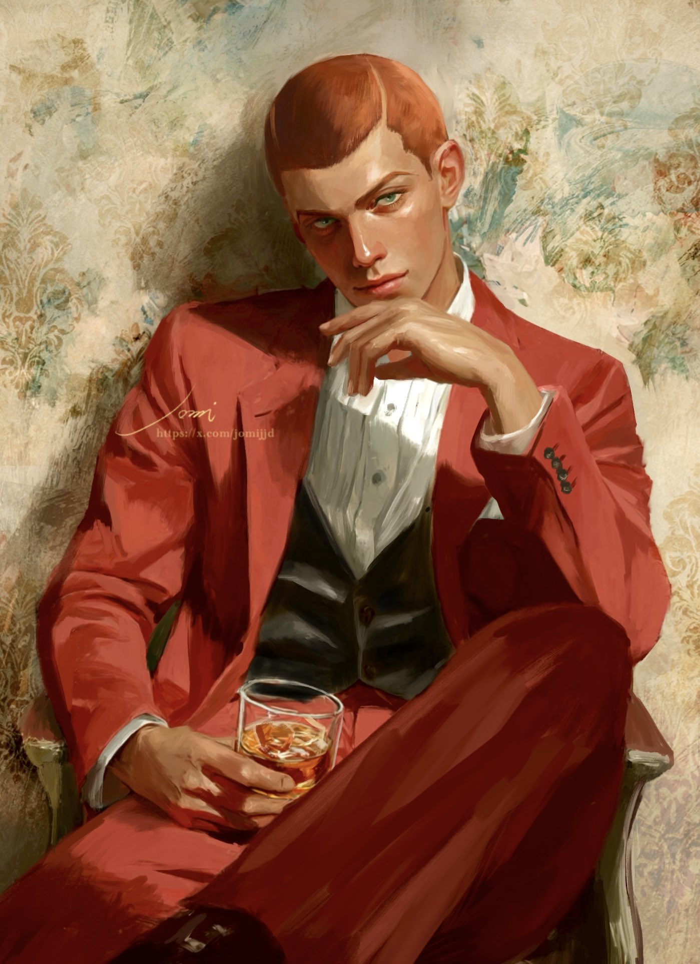 formaggio, jojo no kimyou na bouken, vento aureo, commentary, highres, 1boy, alcohol, alternate costume, black vest, brown hair, buzz cut, chair, closed mouth, cup, drinking glass, formal clothes, green eyes, holding, holding cup, jacket, jomijjd, lips, long sleeves, looking at viewer, male focus, orange hair, pants, red jacket, red pants, red suit, shirt, short hair, signature, sitting, solo, suit, very short hair, vest, waistcoat, whiskey, white shirt