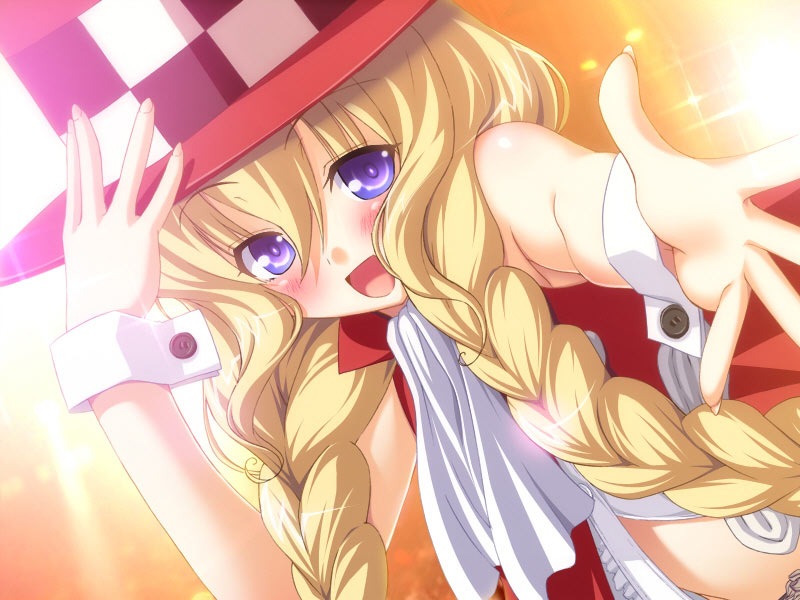 ozawa akifumi, uesugi uta, chu x chu idol, 1girl, blonde hair, blush, braid, female focus, hat, solo, twin braids