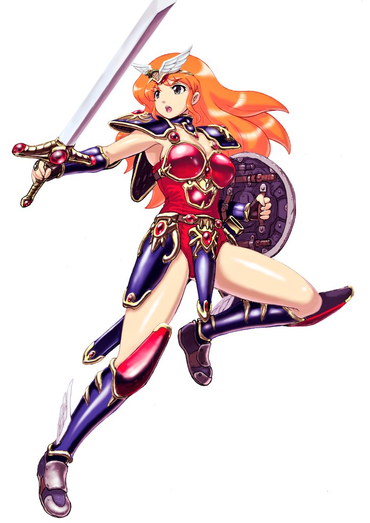 heika (heikahp), lucia (madura no tsubasa), madura no tsubasa, commentary request, 1girl, armor, armored boots, bikini armor, black eyes, black gloves, boots, breasts, circlet, cleavage, collar, faulds, fingerless gloves, full body, gloves, hair ornament, holding, holding shield, holding sword, holding weapon, leg up, leotard, long hair, medium breasts, open mouth, orange hair, red leotard, sheath, shield, shoulder armor, simple background, snake hair ornament, solo, sword, teeth, thighs, unsheathed, upper teeth only, vambraces, weapon, white background, wing hair ornament, winged boots