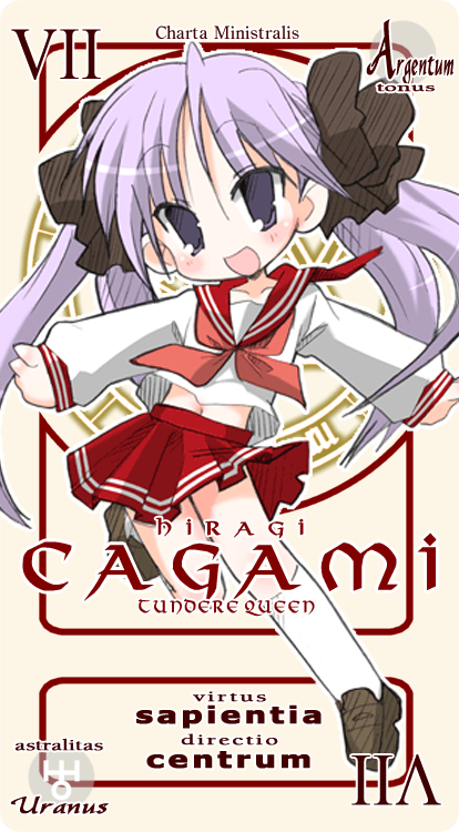 hiiragi kagami, lucky star, mahou sensei negima!, white legwear, blouse, brown shoes, card, card (medium), character name, crossover, long hair, miniskirt, neckerchief, pactio, parody, pink neckerchief, shirt, shoes, skirt, solo, tsurime, very long hair, white shirt