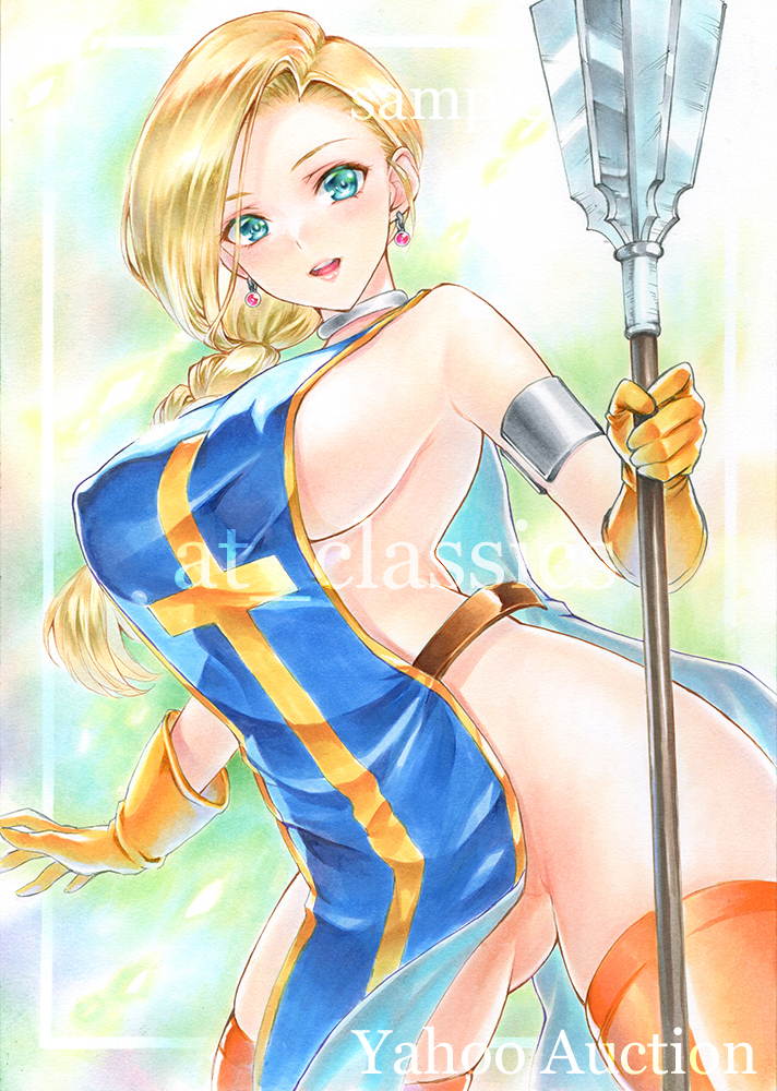 at classics, bianca (dq5), priest (dq3), dragon quest, dragon quest iii, dragon quest v, commentary request, traditional media, aqua background, aqua eyes, armlet, blonde hair, blue tabard, braid, breasts, choker, cosplay, covered erect nipples, cowboy shot, earrings, floating clothes, floating hair, gloves, gluteal fold, gradient background, green background, holding, holding mace, holding weapon, in-franchise crossover, jewelry, large breasts, mace, naked tabard, nearly naked tabard, orange gloves, orange thighhighs, priest (dq3) (cosplay), sample watermark, side part, sideboob, silver armlet, silver choker, single braid, sphere earrings, tabard, thighhighs, watermark, weapon, yellow gloves