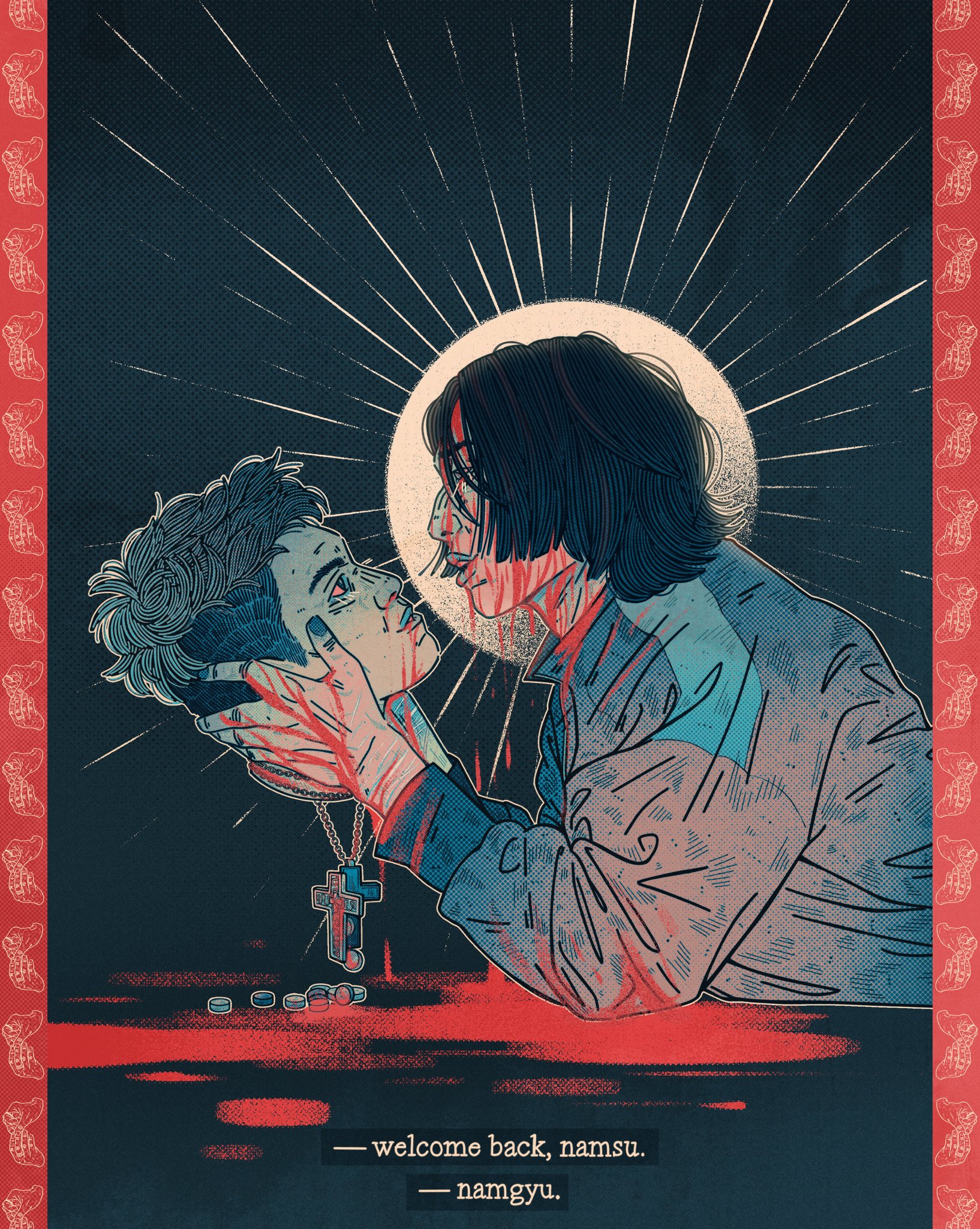 squid game, highres, 2boys, black eyes, bleeding, blood, blood from forehead, blood on face, blood on hands, bloodshot eyes, buzz cut, caption, cross, cross necklace, drugs, english text, from side, holding detached head, irlplasticlamb, jewelry, limited palette, looking at another, medium hair, multiple boys, nam-gyu, necklace, nosebleed, on ground, pillarboxed, pool of blood, severed head, short hair, sun behind head, talking, thanos (squid game), track suit, very short hair