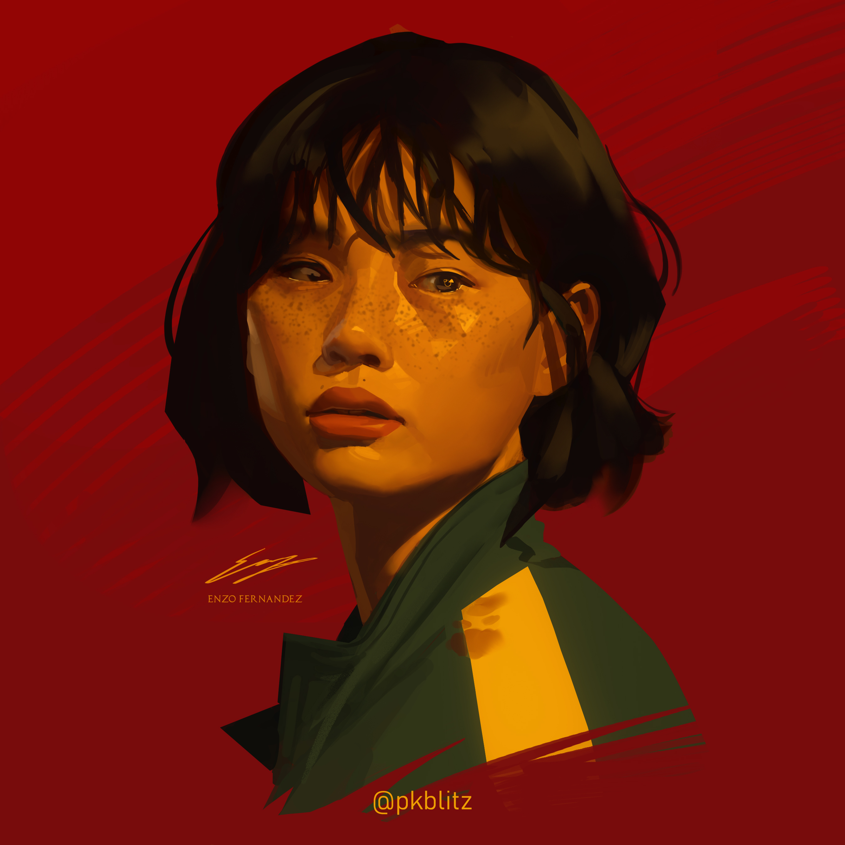 enzo fernandez, kang sae-byeok, squid game, absurdres, highres, 1girl, averting eyes, black eyes, black hair, freckles, green shirt, head tilt, painterly, parted lips, portrait, red background, shirt, short hair, simple background, solo, striped clothes