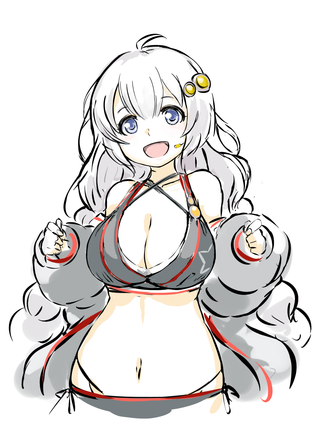 miyabi keishirou, kizuna akari, voiceroid, highres, 1girl, :d, ahoge, bare shoulders, bikini, black bikini, blue eyes, breasts, cleavage, detached sleeves, hair ornament, hands up, headset, large breasts, layered bikini, light blush, long hair, microphone, navel, open mouth, puffy sleeves, red trim, simple background, smile, solo, star (symbol), stomach, swimsuit, upper body, very long hair, white background, white hair