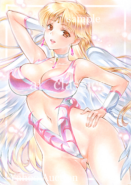 at classics, princess leona, dragon quest, dragon quest dai no daibouken, commentary request, traditional media, 1girl, :d, angel leotard, angel wings, arm behind head, arm guards, blonde hair, breasts, brown hair, choker, circlet, cleavage, clothing cutout, cowboy shot, earrings, feathered wings, gluteal fold, gold circlet, hand on own hip, highleg, highleg leotard, jewelry, large breasts, leotard, long hair, looking at viewer, navel, open mouth, orange background, pink trim, sample watermark, skindentation, smile, solo, stomach cutout, teardrop earrings, watermark, white choker, white leotard, white wings, wings