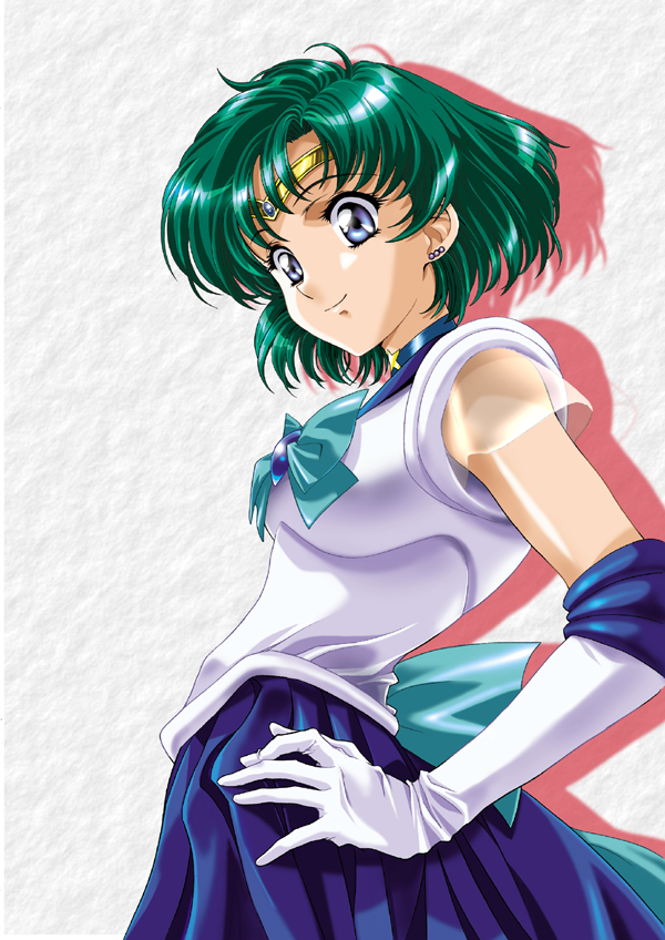 kawarajima kou, mizuno ami, sailor mercury, super sailor mercury, bishoujo senshi sailor moon, 1990s (style), 1girl, blue eyes, blue sailor collar, blue skirt, blue theme, choker, earrings, elbow gloves, female focus, gloves, green hair, hand on own hip, hip focus, jewelry, magical girl, retro artstyle, sailor collar, skirt, smile, solo, tiara, white background, white gloves