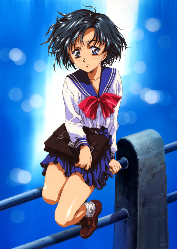 kawarajima kou, mizuno ami, bishoujo senshi sailor moon, 1990s (style), 1girl, bag, blue hair, blue sailor collar, blue theme, bridge, female focus, retro artstyle, sailor collar, school bag, school uniform, serafuku, short hair, solo