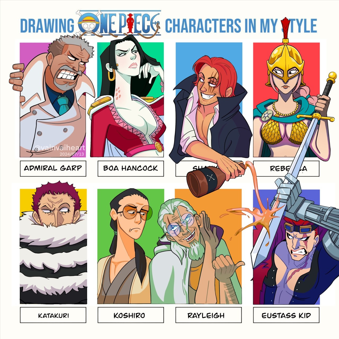 boa hancock, charlotte katakuri, eustass kid, koushirou (one piece), monkey d. garp, rebecca (one piece), shanks (one piece), silvers rayleigh, one piece, commentary, highres, 2girls, 6+boys, beard, black hair, bottle, cape, character name, coat, coat on shoulders, dated, earrings, epaulettes, facial hair, glasses, goatee, goggles, goggles on head, holding, holding bottle, holding sword, holding weapon, jewelry, long hair, looking at another, looking to the side, mechanical arms, multiple boys, multiple drawing challenge, multiple girls, mustache, old, old man, pink hair, ponytail, red hair, scar, scar on chest, scar on face, scarf, side ponytail, single mechanical arm, snake earrings, sword, twitter username, upper body, vainvaiheart, weapon