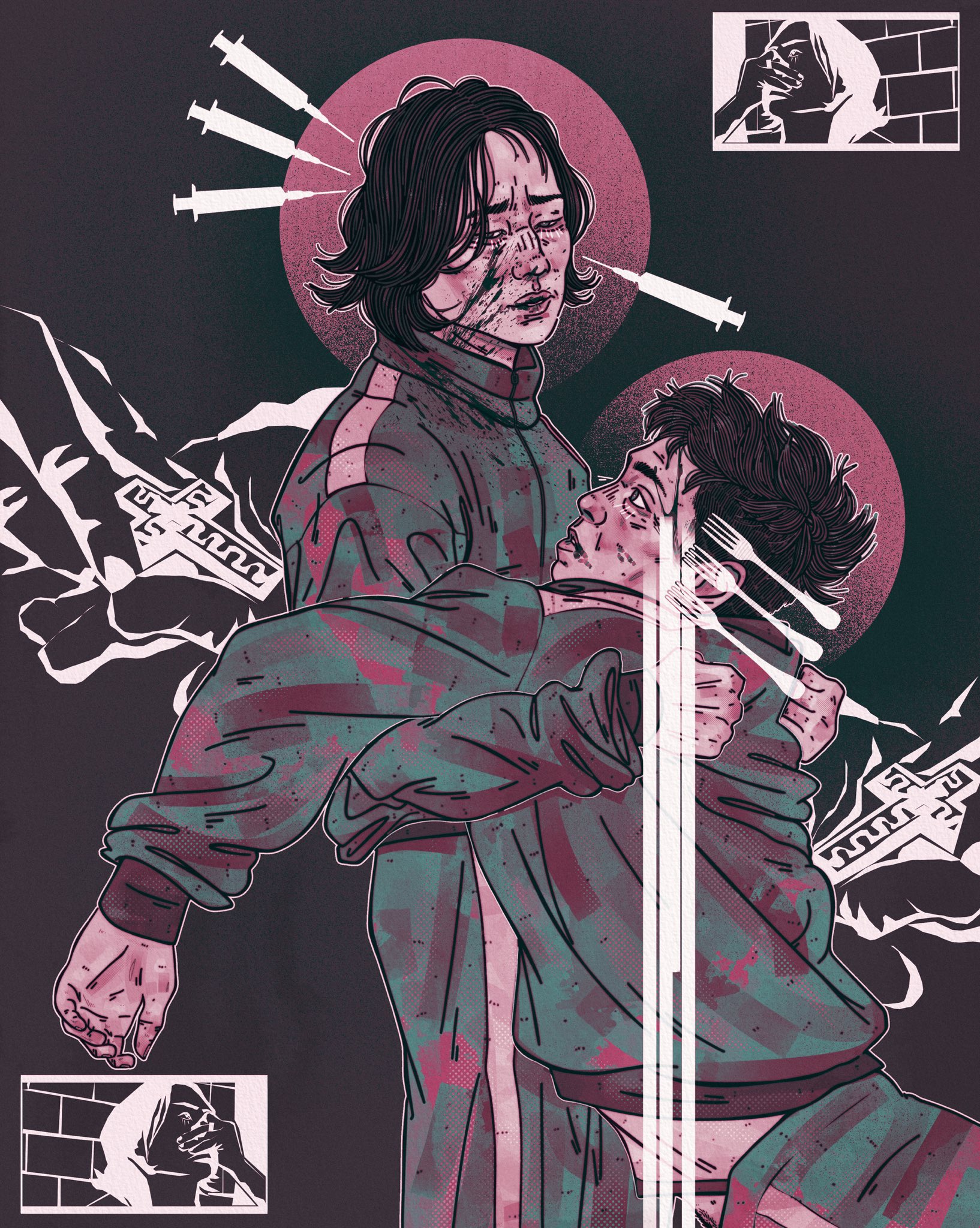 squid game, highres, 2boys, black eyes, black hair, bleeding, blood, blood from forehead, blood on face, blood stain, buzz cut, carrying, carrying person, covering own mouth, cross, drugs, exhausted, fork, hug, implied yaoi, irlplasticlamb, limited palette, looking at another, multicolored hair, multiple boys, muted color, nam-gyu, parted lips, short hair, striped clothes, sun behind head, syringe, thanos (squid game), track suit, very short hair