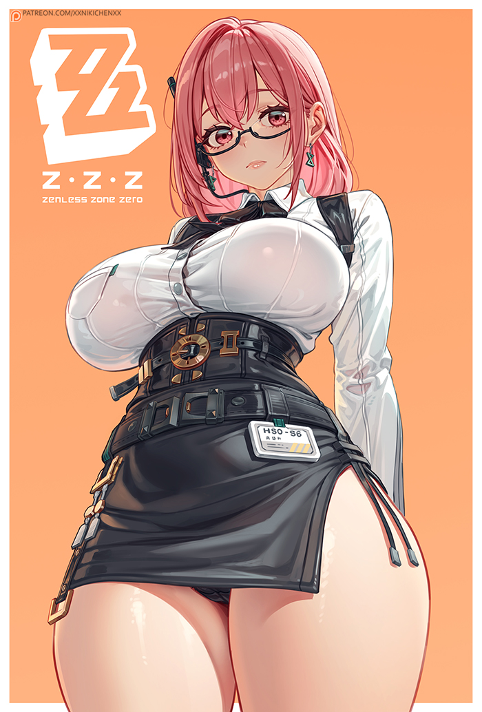 nikichen, tsukishiro yanagi, zenless zone zero, commentary, 1girl, black panties, black skirt, border, breasts, closed mouth, collared shirt, copyright name, earrings, floating earrings, glasses, hair between eyes, high-waist skirt, hourglass earrings, jewelry, large breasts, long hair, looking at viewer, orange background, panties, pantyshot, patreon username, pencil skirt, pink eyes, pink hair, shirt, sidelocks, skirt, solo, underwear, white border, white shirt