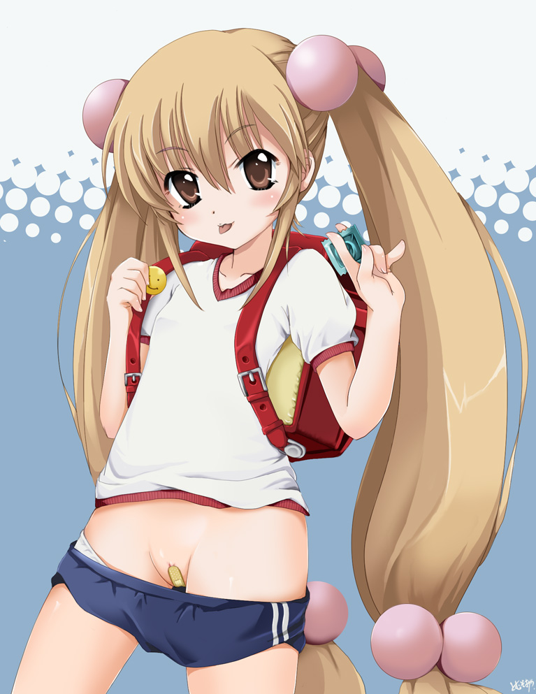tomusooya, kokonoe rin, kodomo no jikan, 00s, 1girl, backpack, bag, bandages, bandaid, bandaid on pussy, buruma, buruma pull, clothes pull, condom, covered erect nipples, female focus, flat chest, gym uniform, hair bobbles, hair ornament, loli, long hair, maebari, randoseru, solo, twintails, very long hair