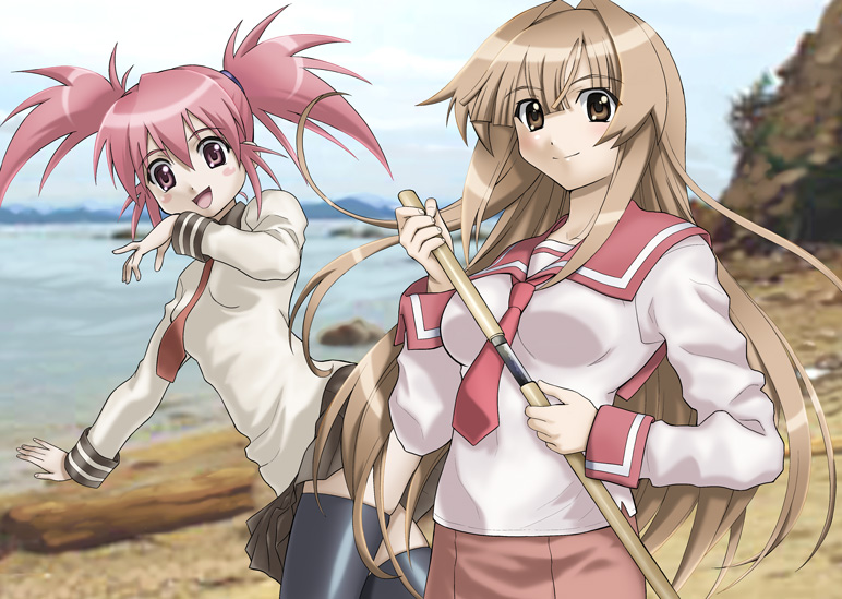 morisu, edomae lunar, seto sun, seto no hanayome, 00s, 2girls, breasts, katana, multiple girls, outdoors, school uniform, serafuku, shirasaya, sky, sword, thighhighs, weapon