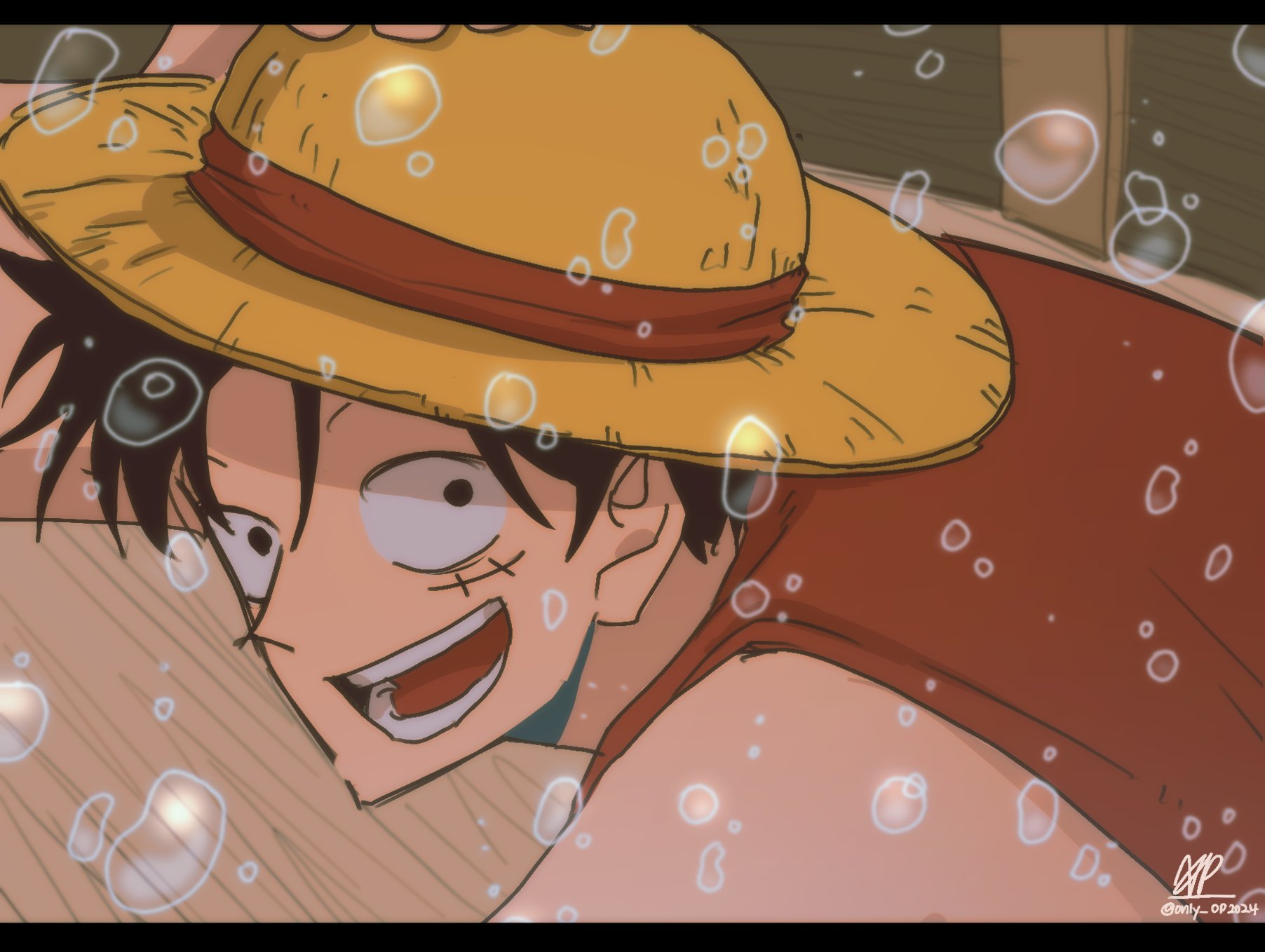 only op2024, monkey d. luffy, one piece, commentary, highres, symbol-only commentary, 1boy, bare shoulders, black hair, close-up, facial scar, from side, hand on headwear, hat, looking at viewer, looking to the side, male focus, open mouth, red vest, scar, scar on cheek, scar on face, short hair, signature, solo, straw hat, teeth, twitter username, upper body, vest, water