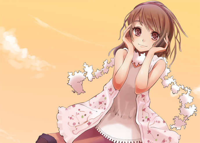 toshiya, original, 1girl, brown eyes, brown hair, dutch angle, female focus, looking at viewer, orange sky, pom pom (clothes), red skirt, scarf, shirt, short hair, skirt, sky, solo, sunset, white shirt