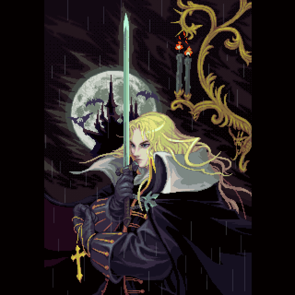 omegachaino, alucard (castlevania), castlevania: symphony of the night, castlevania (series), animated, animated gif, commentary, derivative work, english commentary, 1boy, bat (animal), blonde hair, candle, cape, cross, cross necklace, full moon, holding, holding jewelry, holding necklace, holding sword, holding weapon, jewelry, lightning, long hair, moon, necklace, rain, solo, sword, weapon