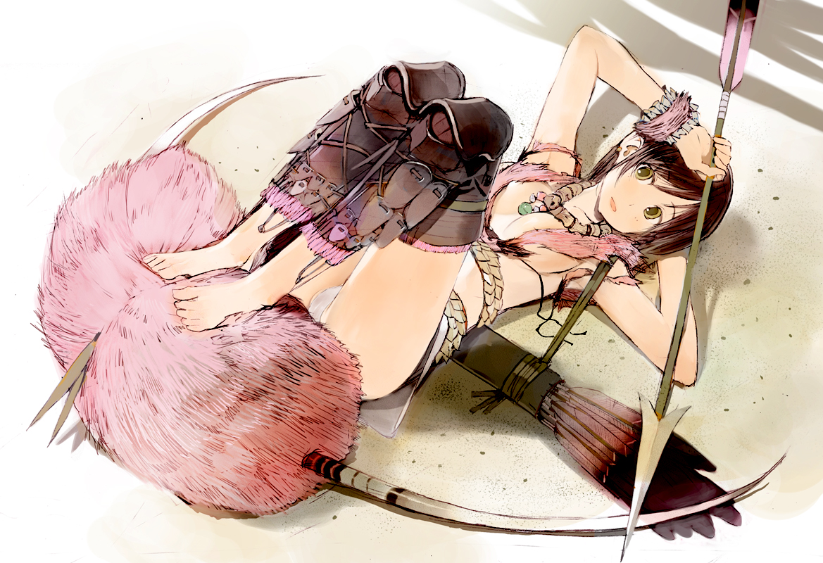 okama, capcom, monster hunter (series), original, 1girl, barefoot, bow (weapon), conga (armor), feet, female focus, full body, head tilt, jewelry, necklace, open mouth, revealing clothes, shin guards, solo, toes, weapon, yellow eyes