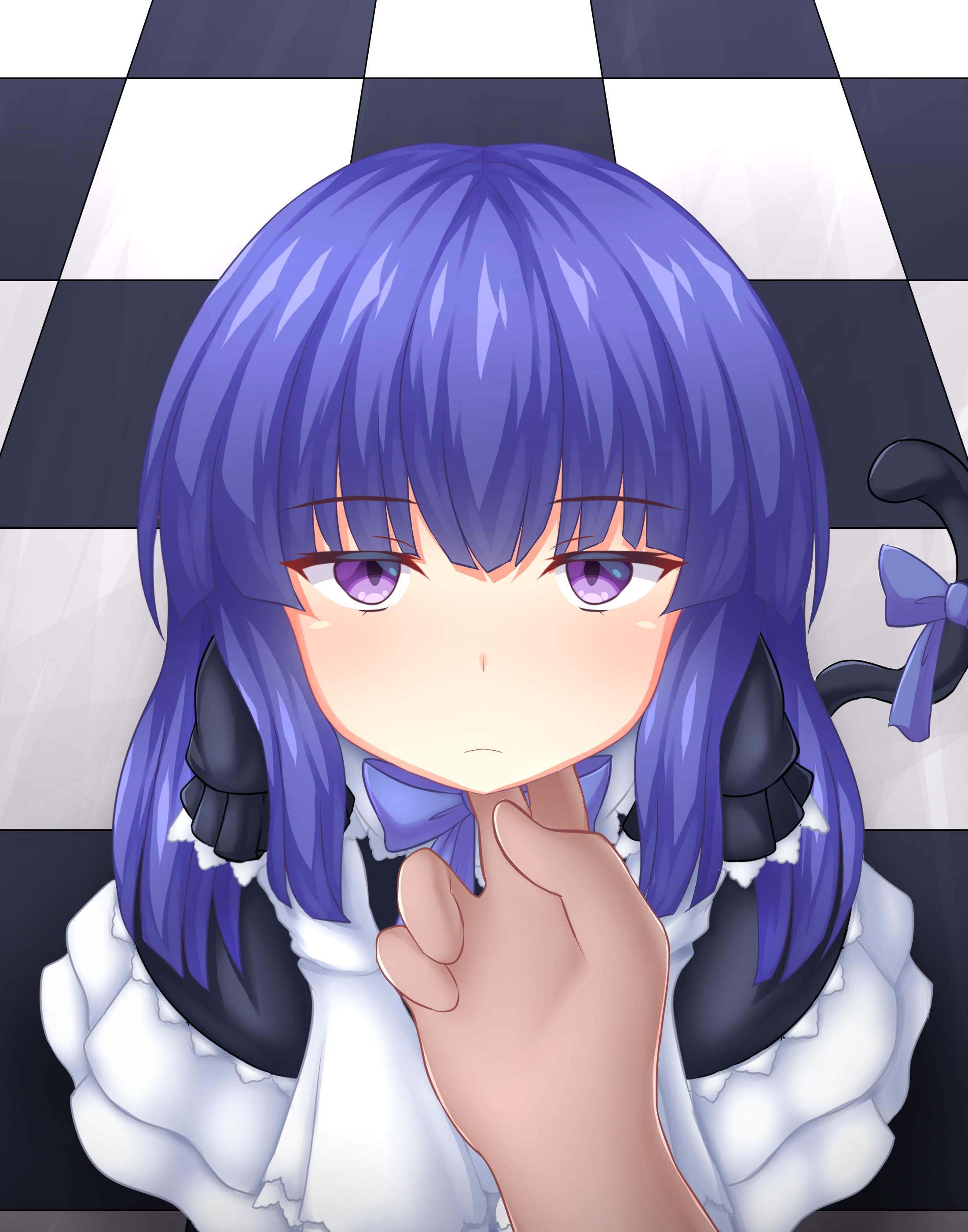 sonicphu, frederica bernkastel, umineko no naku koro ni, absurdres, highres, variant set, 1boy, 1girl, black dress, black fur, blue bow, blue bowtie, blue hair, blunt bangs, blush, bow, bowtie, cat girl, cat tail, checkered background, checkered floor, dress, expressionless, frilled dress, frills, from above, gothic lolita, hand on another's chin, hime cut, lolita fashion, long hair, looking at viewer, looking up, on floor, puffy sleeves, purple eyes, scratches, sidelocks, sitting, tail, tail bow, tail ornament, wide sleeves