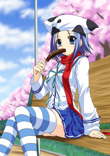 kirisawa tokito, amakase minatsu, da capo, da capo ii, 00s, 1girl, animal print, bench, blue eyes, blue hair, cherry blossoms, chocolate-covered food, chocolate banana, cow print, day, eating, female focus, food, looking at viewer, matching hair/eyes, outdoors, plaid clothes, plaid skirt, red scarf, scarf, school uniform, serafuku, sitting, skirt, solo, striped clothes, striped thighhighs, thighhighs, zettai ryouiki