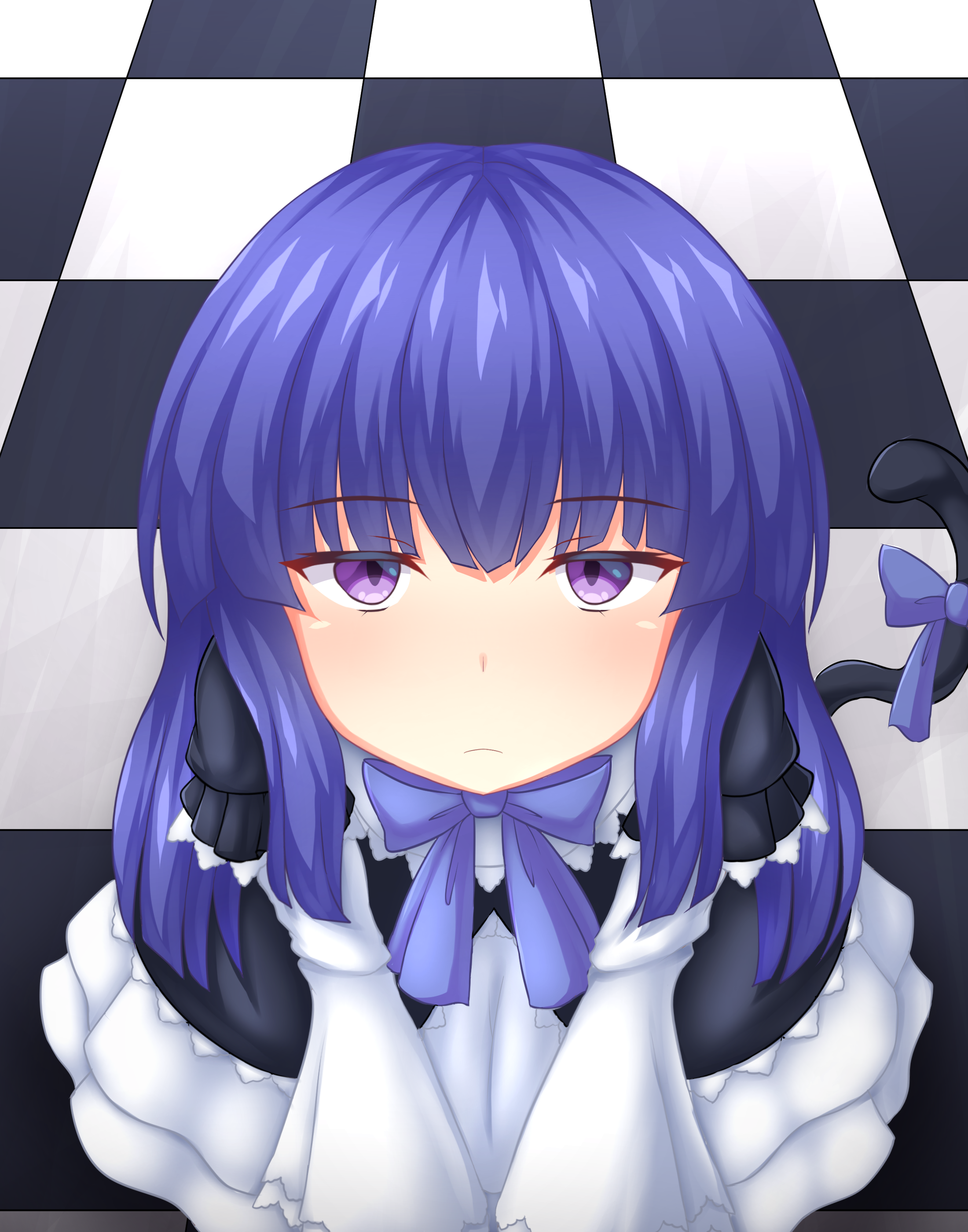 sonicphu, frederica bernkastel, umineko no naku koro ni, absurdres, highres, variant set, 1girl, black dress, black fur, blue bow, blue bowtie, blue hair, blunt bangs, blush, bow, bowtie, cat girl, cat tail, checkered background, checkered floor, dress, expressionless, frilled dress, frills, from above, gothic lolita, hime cut, lolita fashion, long hair, looking at viewer, looking up, on floor, puffy sleeves, purple eyes, sidelocks, sitting, solo, tail, tail bow, tail ornament, wide sleeves