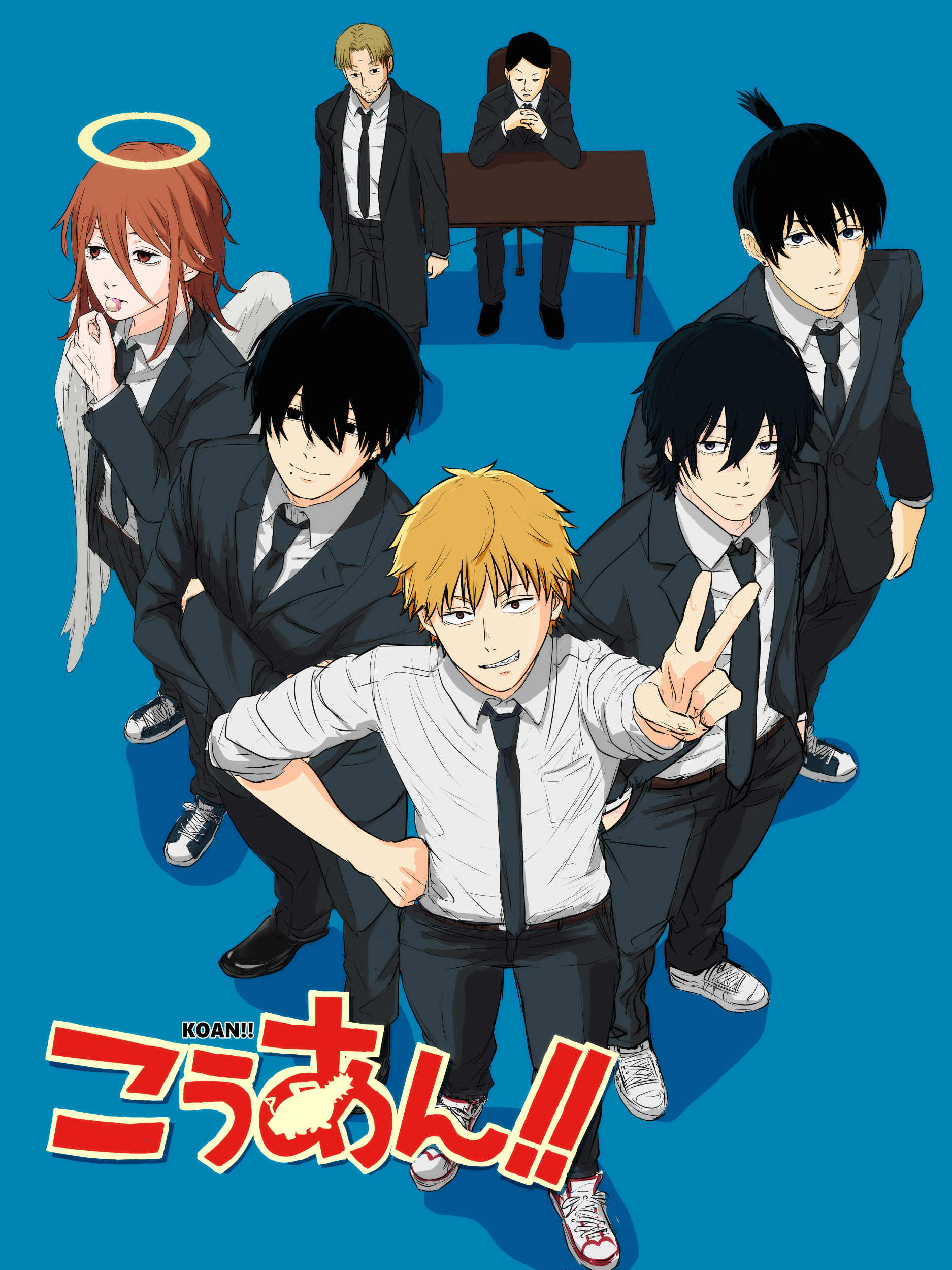 shkshnk, angel devil (chainsaw man), denji (chainsaw man), hayakawa aki, kishibe (chainsaw man), pochita (chainsaw man), yoshida hirofumi, chainsaw man, k-on!, absurdres, character request, commentary, highres, 6+boys, angel wings, black shirt, blonde hair, candy, crossed arms, food, halo, logo parody, lollipop, mole, mole under mouth, multiple boys, sharp teeth, shirt, short hair, teeth, topknot, v, wings, yellow halo