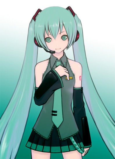 mamoru (arizona), hatsune miku, vocaloid, 1girl, aqua background, aqua hair, blouse, collared shirt, female focus, frilled shirt, frills, gradient background, grey shirt, head tilt, long hair, shirt, shoulder tattoo, sleeveless, sleeveless shirt, solo, tattoo, twintails, very long hair