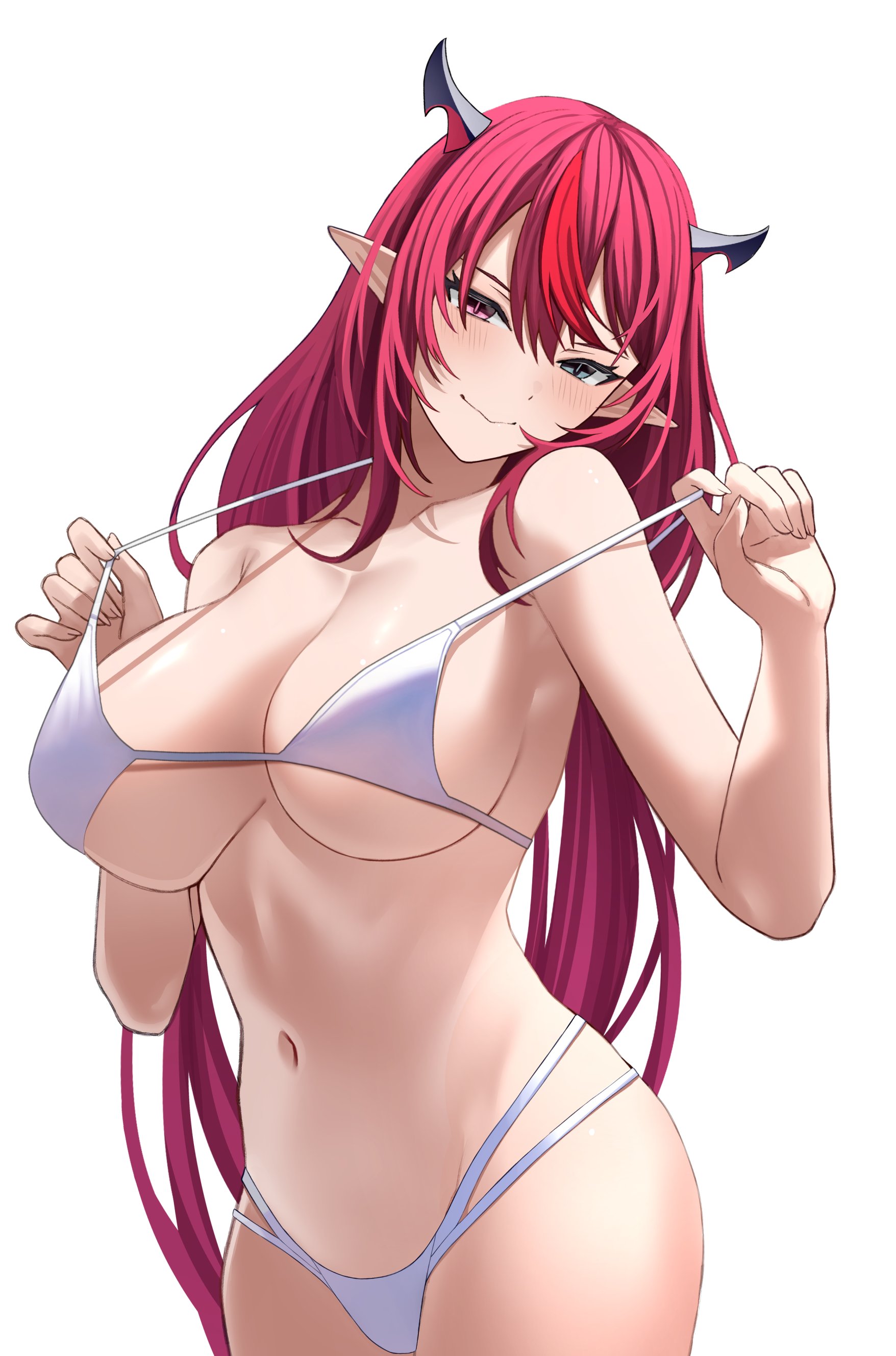 si farid, irys (hololive), hololive, hololive english, absurdres, commentary, hashtag-only commentary, highres, textless version, 1girl, aqua eyes, armpit crease, bare shoulders, bikini, black horns, blush, breasts, closed mouth, collarbone, content rating, cowboy shot, fingernails, heterochromia, horns, large breasts, long hair, looking at viewer, multicolored hair, multicolored horns, navel, pink eyes, pink hair, pink horns, pointy ears, ranguage, simple background, smile, solo, stomach, streaked hair, swimsuit, two-tone hair, two-tone horns, virtual youtuber, white background, white bikini