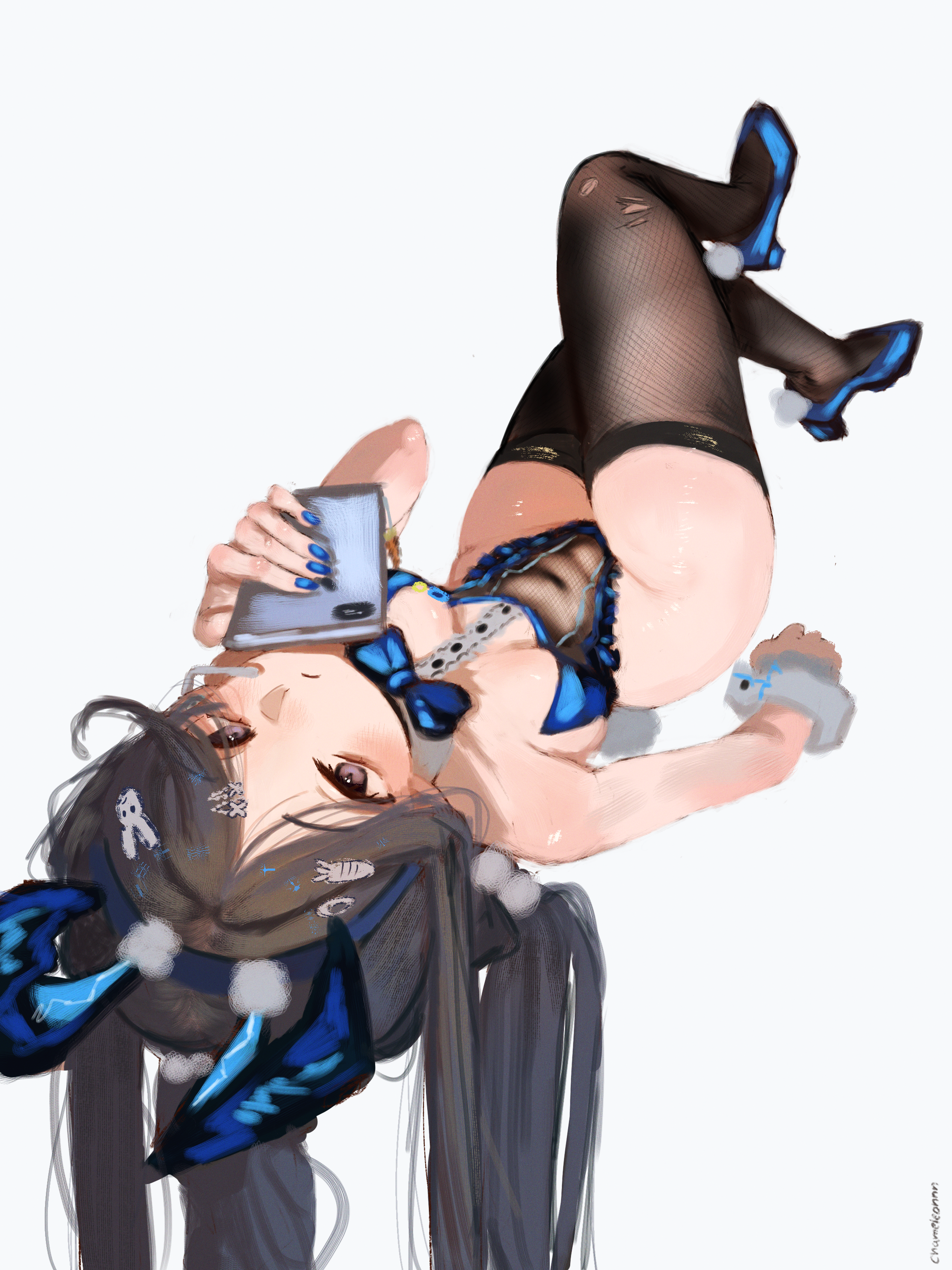 exia (hacker rabbit) (nikke), exia (nikke), goddess of victory: nikke, absurdres, highres, 1girl, animal ears, bags under eyes, black eyes, black hair, black thighhighs, blue bow, blue bowtie, blue nails, blue shoes, blush, bow, bowtie, breasts, buttons, carrot hair ornament, cellphone, chamaleon, crossed legs, detached collar, fake animal ears, fishnet thighhighs, fishnets, food-themed hair ornament, hair ornament, hand up, holding, holding phone, leotard, long hair, looking at viewer, low twintails, lying, nail polish, phone, playboy bunny, rabbit ears, rabbit hair ornament, rabbit tail, see-through clothes, see-through leotard, shoes, small breasts, smartphone, strapless, strapless leotard, tail, thighhighs, torn clothes, torn thighhighs, twintails, upside-down, white background, wrist cuffs