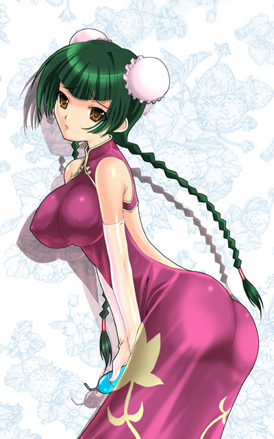 kakogawa tarou, wang liu mei, gundam, gundam 00, 00s, 1girl, ass, bare shoulders, braid, breasts, brown eyes, bun cover, china dress, chinese clothes, covered erect nipples, double bun, dress, female focus, flower, food, fruit, green hair, large breasts, leaning forward, solo, strawberry, twin braids, v arms