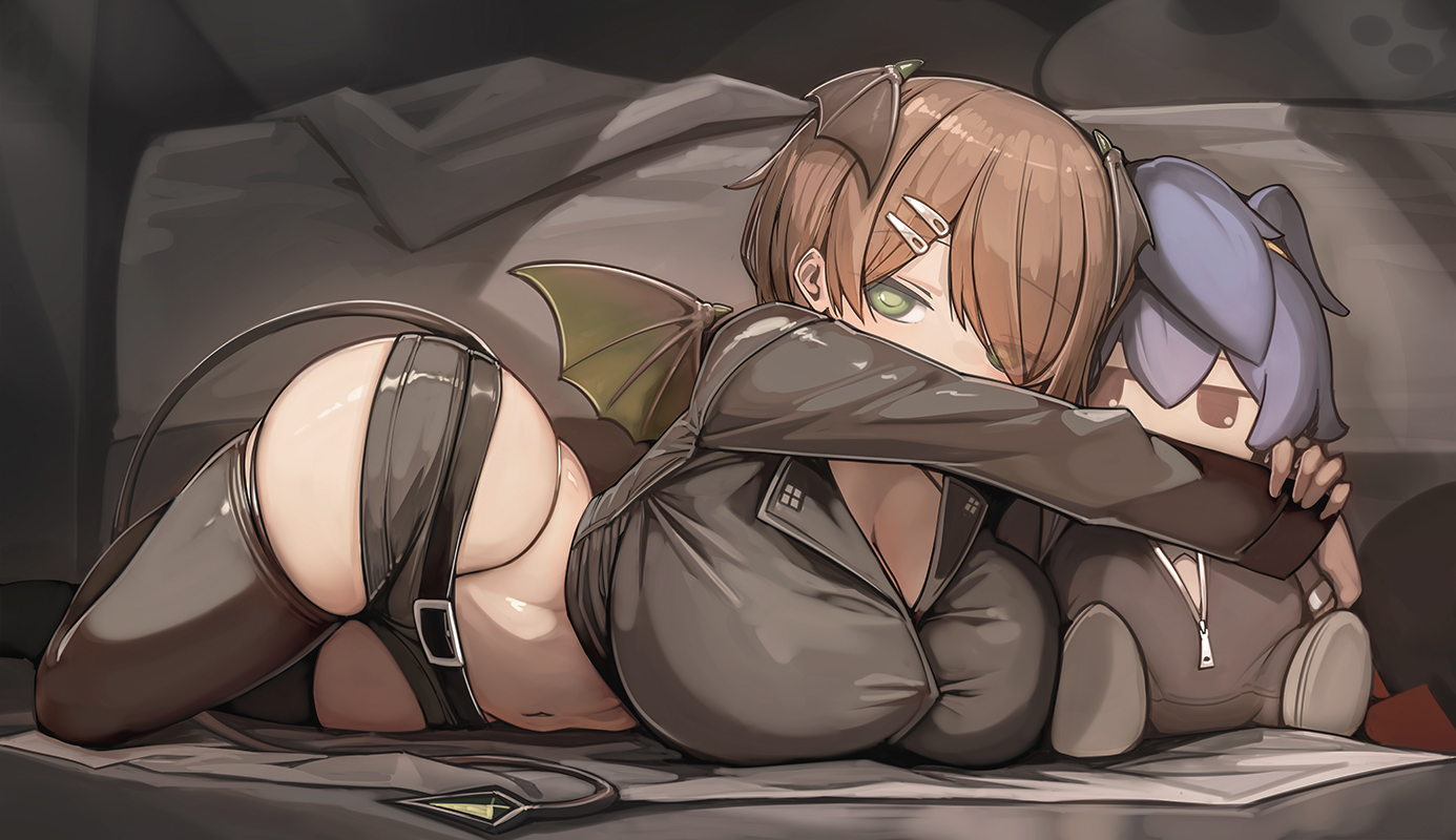 genek, kevkild, indie virtual youtuber, commission, skeb commission, 1girl, black jacket, black shorts, black thighhighs, breasts, brown hair, cleavage, collar, demon girl, demon tail, demon wings, green collar, green eyes, green wings, hair ornament, hair over one eye, hairclip, head wings, huge breasts, jacket, looking at viewer, lying, navel, on stomach, short hair, short shorts, shorts, solo, stuffed toy, tail, thighhighs, virtual youtuber, wings