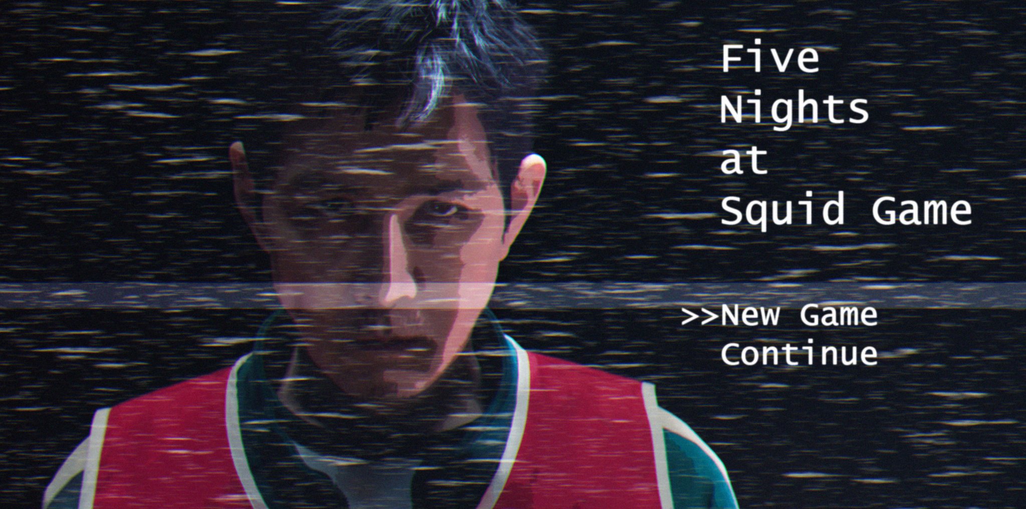 journnen, seong gi-hun, five nights at freddy's, squid game, highres, 1boy, black eyes, black hair, dialogue options, english text, glitch, green shirt, looking at viewer, male focus, parody, portrait, red vest, serious, shirt, short hair, solo, title parody, vest