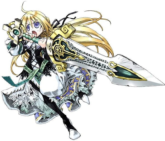 kiyuzuki satoko, yggdra yuril artwaltz, yggdra union, official art, 1girl, armor, armored dress, blonde hair, blue eyes, dress, female focus, huge weapon, long hair, ribbon, solo, sword, weapon