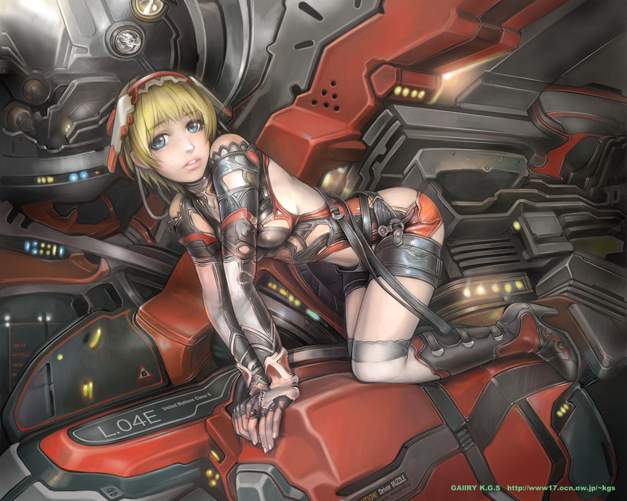 kuratch, original, blonde hair, blue eyes, boots, machine, short hair, strap