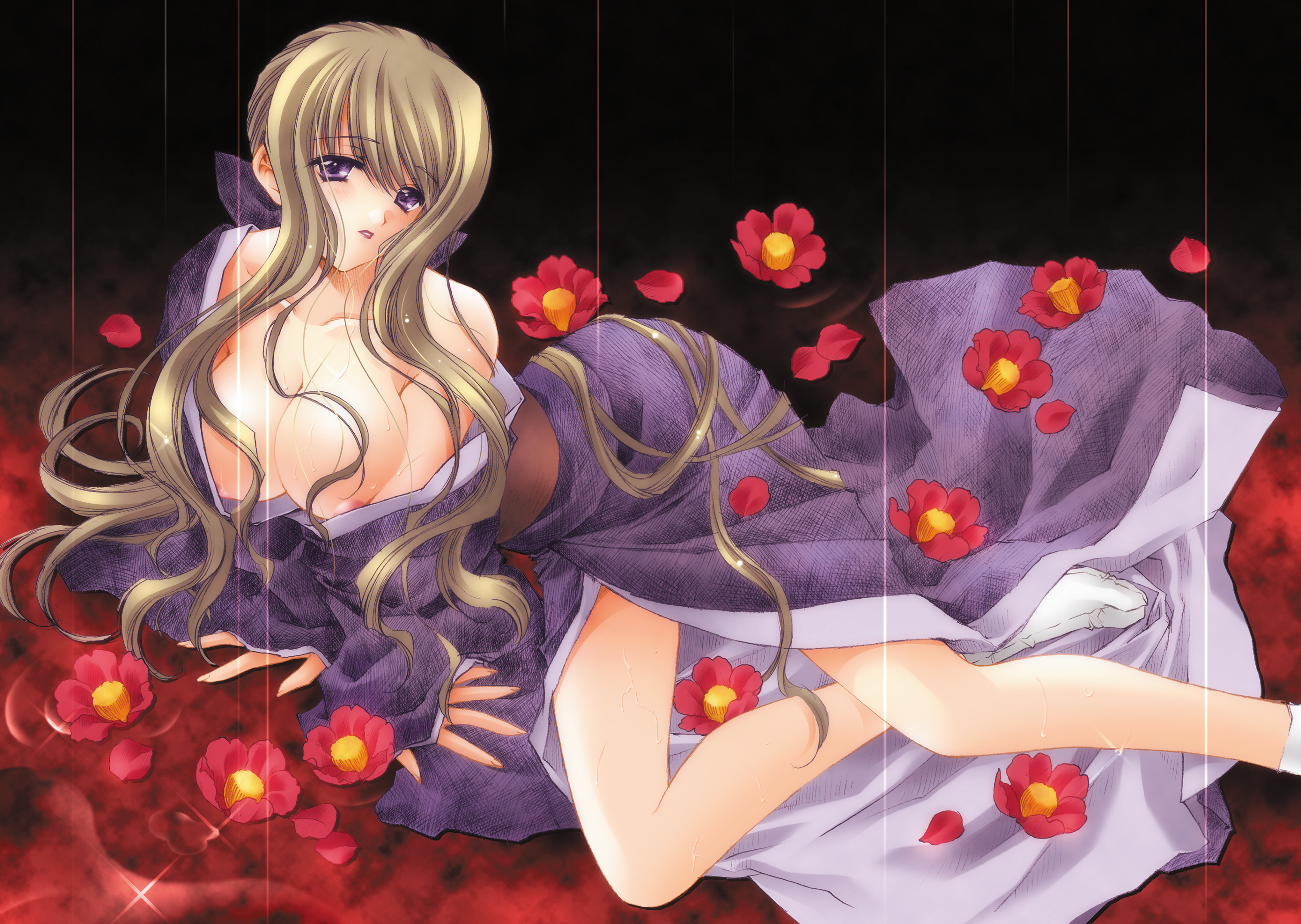carnelian, kuraki yuriko, kao no nai tsuki, highres, 00s, breasts, brown hair, camellia, flower, japanese clothes, kimono, large breasts, legs, long hair, purple eyes, solo, tabi