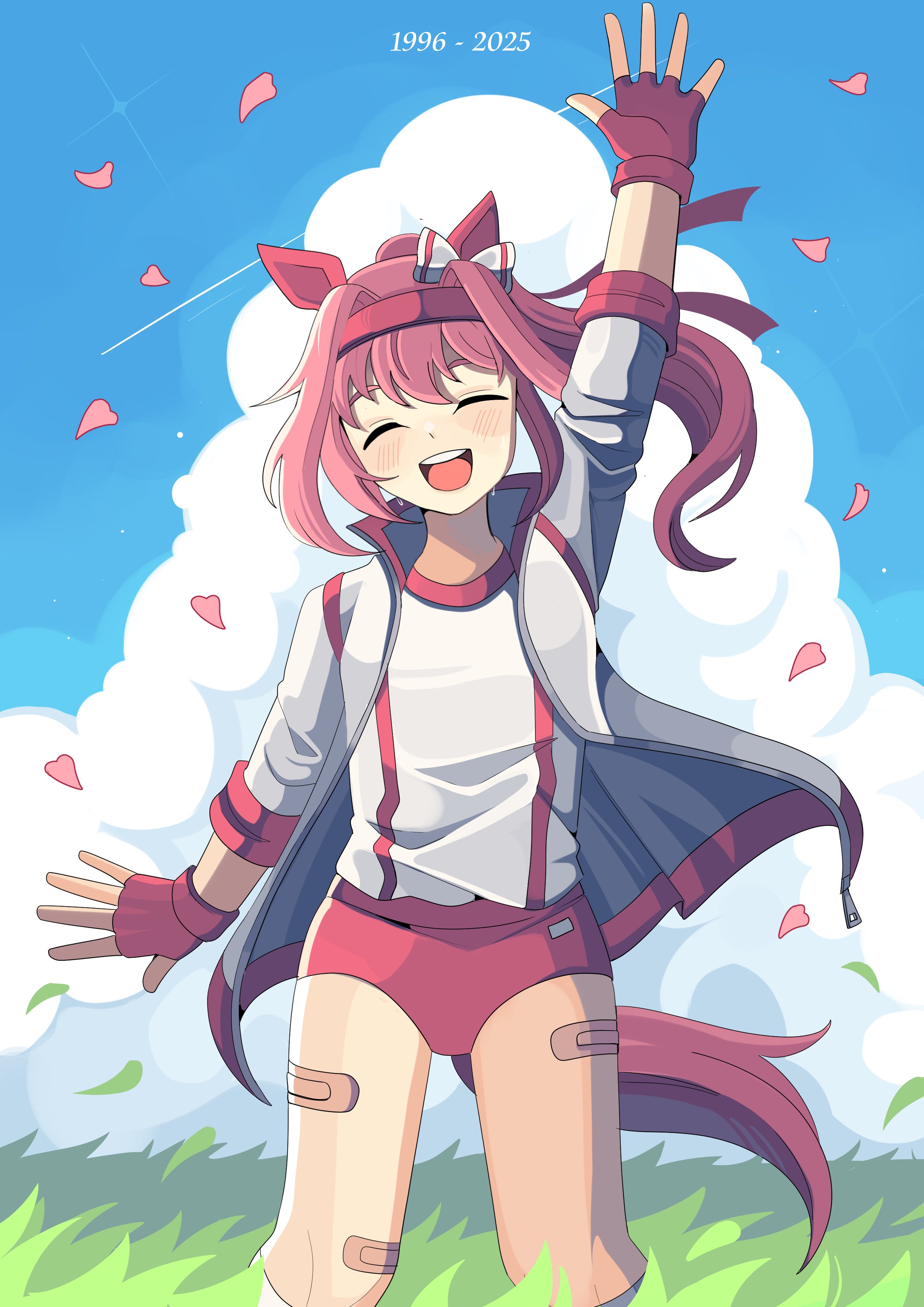 bobamiruku, haru urara (umamusume), umamusume, absurdres, highres, 1girl, animal ears, arm up, bandaid, bandaid on leg, blue sky, blush, bow, buruma, closed eyes, cloud, ear bow, ear covers, fingerless gloves, gloves, grass, hairband, haru urara (bestest prize) (umamusume), headband, horse ears, horse girl, horse tail, jacket, long hair, open mouth, outdoors, petals, pink buruma, pink hair, pink headband, ponytail, red buruma, red gloves, red headband, shirt, sky, smile, solo, tail, teeth, upper teeth only, white jacket, white shirt