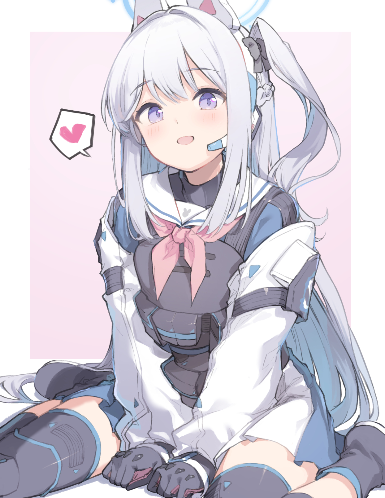 miya kazutomo, miyako (blue archive), blue archive, commentary, highres, 1girl, :d, animal ears, black bow, black gloves, black shoes, black thighhighs, blue halo, blue skirt, blush, border, bow, braid, bulletproof vest, clenched hands, fake animal ears, gloves, hair between eyes, hair bow, hair intakes, half up braid, halo, happy, heart, knees out of frame, long hair, looking at viewer, miniskirt, neckerchief, one side up, open mouth, outside border, pink background, pink neckerchief, pleated skirt, purple eyes, rabbit ears, sailor collar, school uniform, serafuku, shoes, sidelocks, simple background, sitting, skirt, sleeves past wrists, smile, solo, speech bubble, spoken heart, straight hair, thighhighs, very long hair, wariza, white border, white hair, white sailor collar, zettai ryouiki