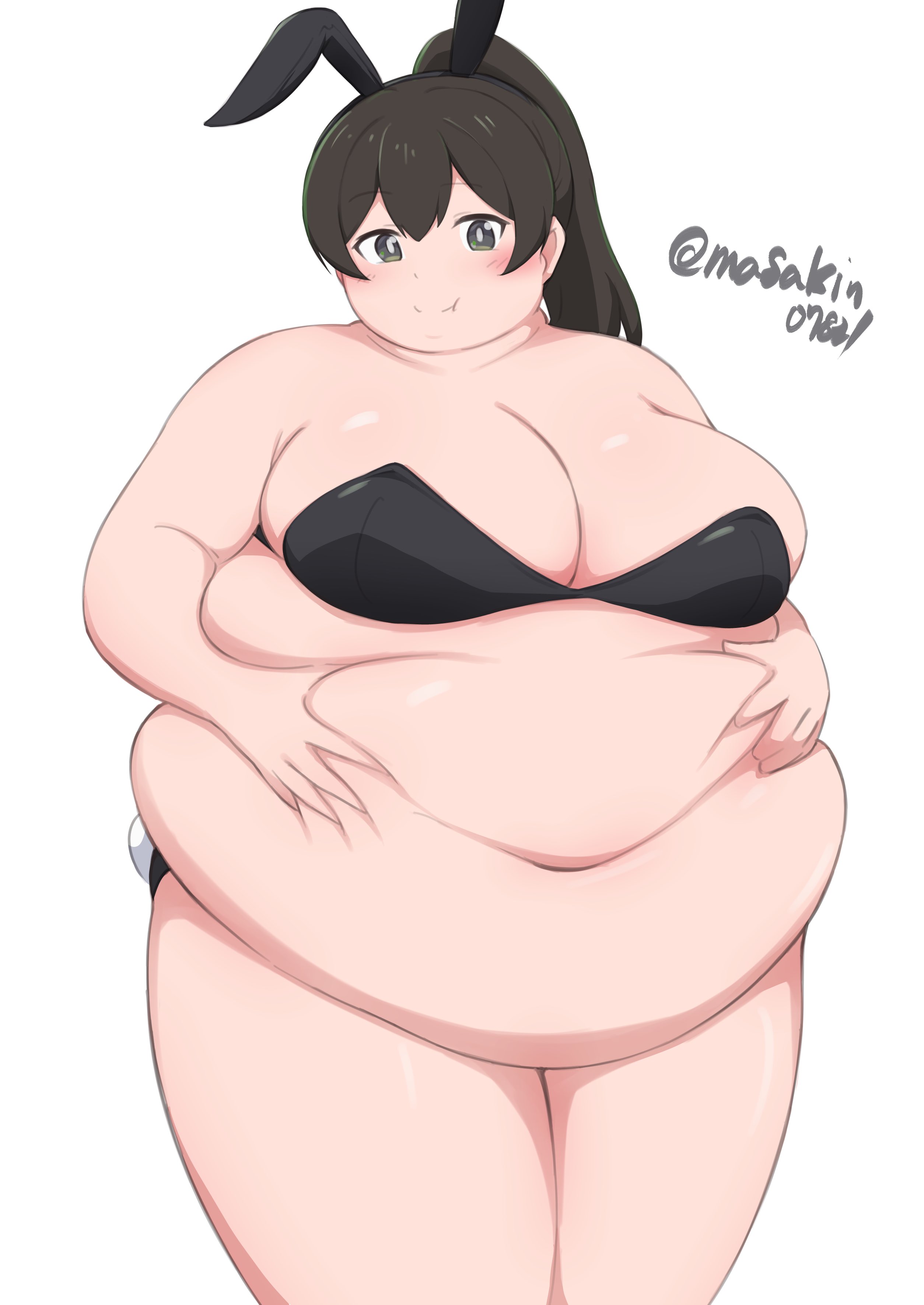 masakin, original, 1girl, animal ear hairband, animal ears, belly, belly grab, big belly, black bra, black hair, black hairband, black panties, blush, borrowed character, bra, breasts, bright pupils, cleavage, fake animal ears, fat, fat woman, grey eyes, hairband, hands on own stomach, large breasts, long hair, navel, obese, panties, ponytail, rabbit ear hairband, rabbit ears, rabbit tail, smile, solo, standing, thick thighs, thighs, twitter username, underwear, white background, white pupils