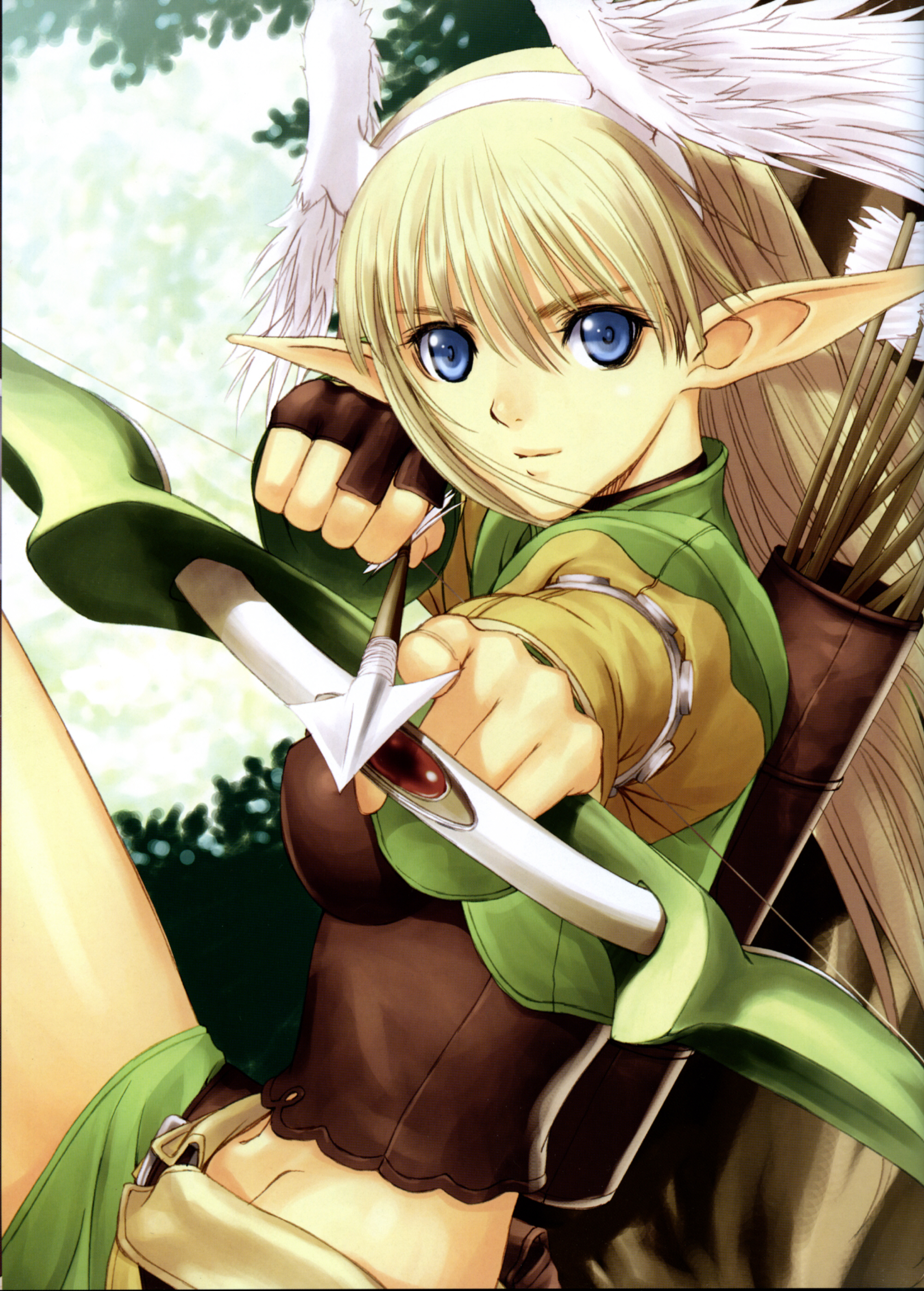 tony taka, elwing, sega, shining (series), shining tears, shining wind, absurdres, highres, scan, 1girl, against tree, aiming, aiming at viewer, angel wings, archeress, archery, armlet, arrow (projectile), bare legs, binding discoloration, blonde hair, blue eyes, blurry, bow (weapon), cowboy shot, day, depth of field, drawing bow, elf, female focus, fingerless gloves, foreshortening, from side, gem, gloves, hair between eyes, head wings, holding, holding bow (weapon), holding weapon, in tree, jewelry, long hair, looking at viewer, marksman, midriff, miniskirt, outdoors, pencil skirt, pointy ears, quiver, red gemstone, sitting, sitting in tree, skirt, smile, solo, thighs, tree, weapon, wings
