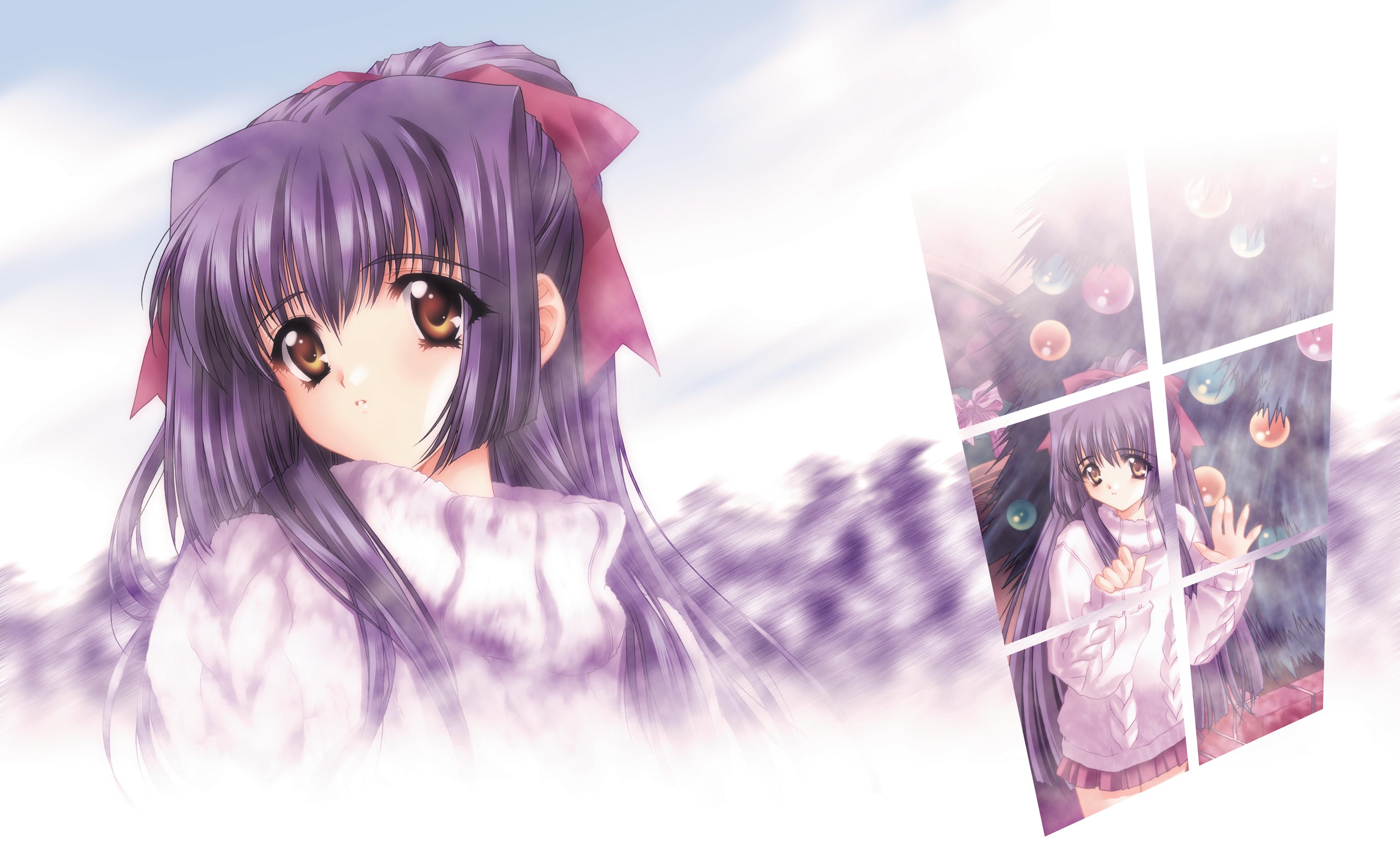 carnelian, kuraki suzuna, kao no nai tsuki, highres, 00s, blue hair, long hair, purple hair, ribbon, solo, sweater
