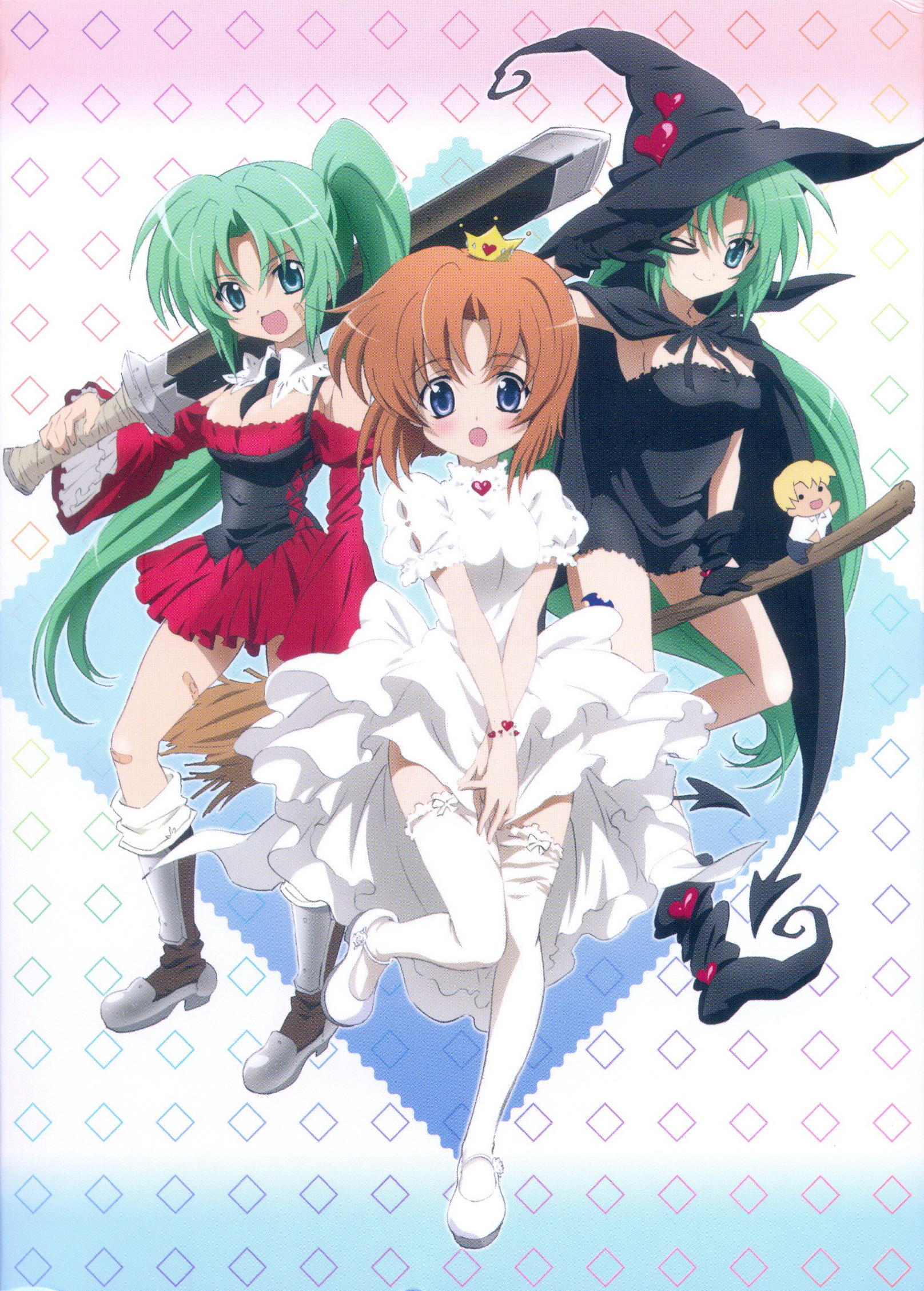 sakai kyuuta, houjou satoshi, ryuuguu rena, sonozaki mion, sonozaki shion, higurashi no naku koro ni, highres, scan, 00s, 3girls, multiple girls, princess, siblings, sisters, sword, thighhighs, twins, weapon, witch
