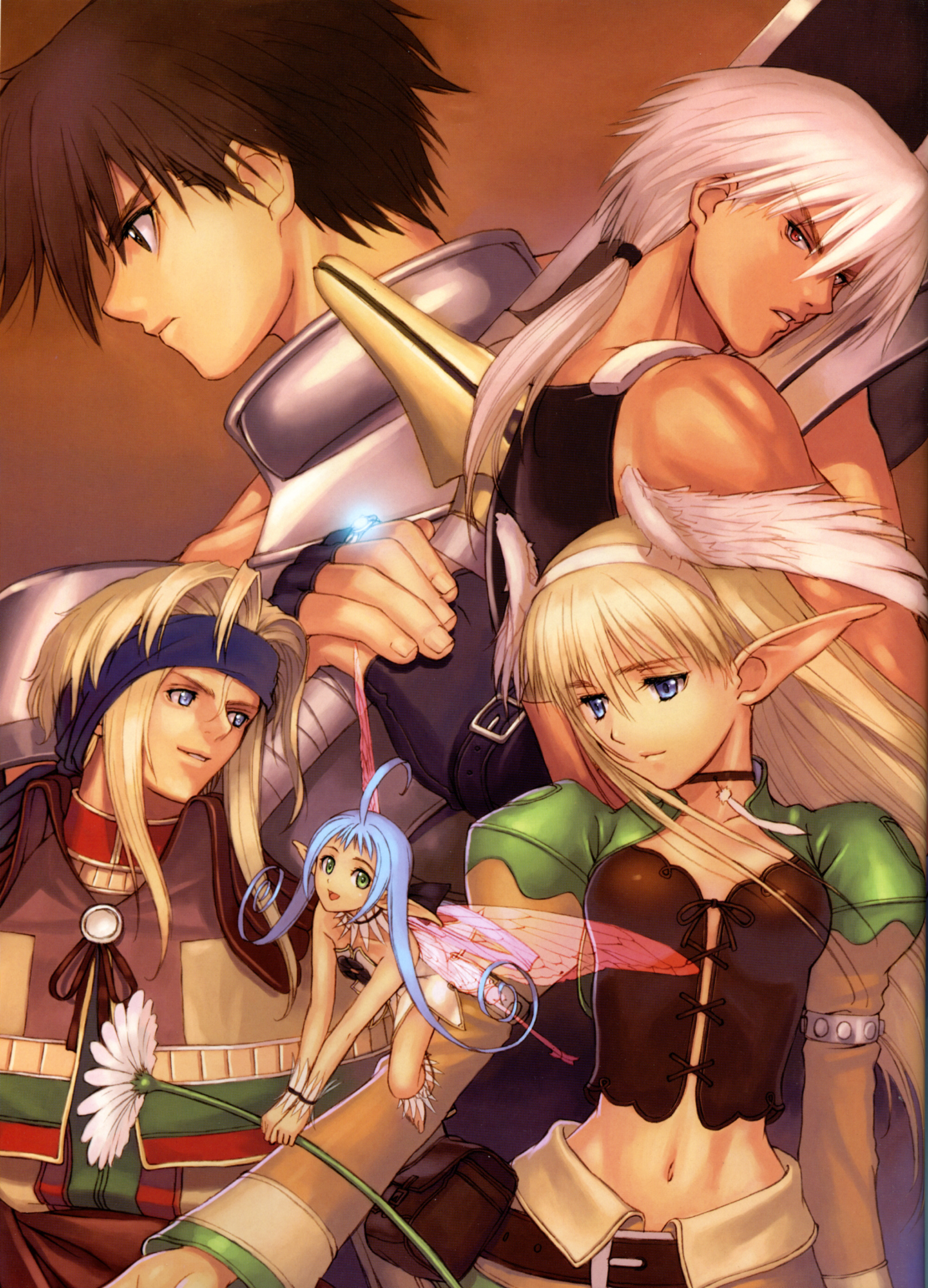 tony taka, xion, cupid (shining tears), elwing, keiner, maple (shining tears), sega, shining (series), shining tears, absurdres, highres, scan, 2girls, 3boys, ahoge, armlet, black eyes, black hair, blonde hair, blue background, blue eyes, blue hair, brown background, choker, crop top, daisy (flower), elf, fairy, feathers, flower, flying, glowing, gorget, gradient background, green eyes, hair between eyes, hair rings, head wings, headband, jewelry, long hair, low ponytail, midriff, mini person, minigirl, multiple boys, multiple girls, narrow waist, navel, own hands together, pointy ears, ponytail, red eyes, ring, short hair with long locks, sword, v-shaped eyebrows, weapon, white hair, wings