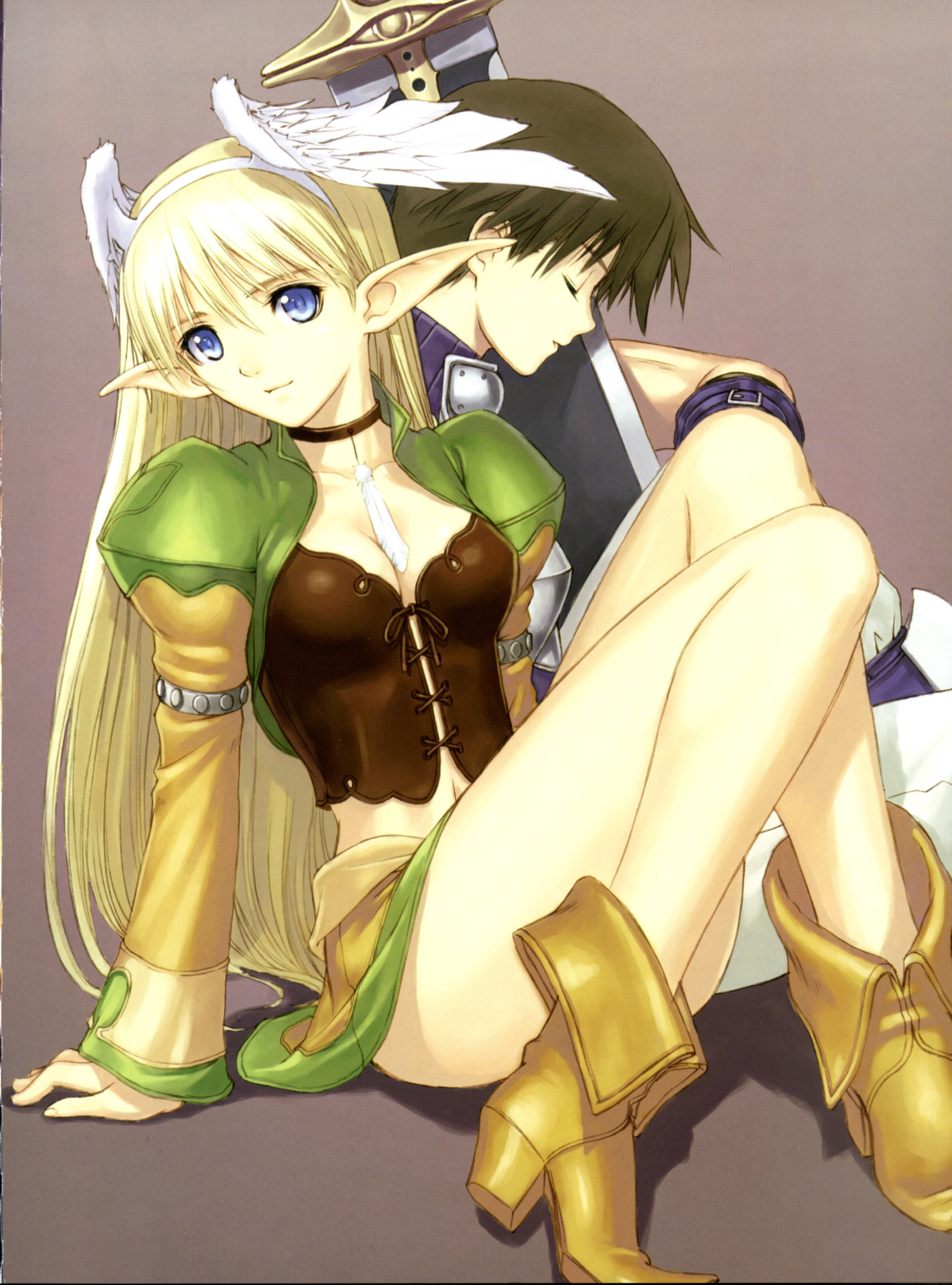 tony taka, elwing, sega, shining (series), shining tears, absurdres, highres, scan, 1boy, 1girl, ankle boots, black hair, blonde hair, blue eyes, boots, breasts, choker, cleavage, closed eyes, elf, feathers, head wings, high heel boots, high heels, long hair, midriff, pointy ears, shoes, sitting, skirt, smile, sword, turtleneck, very long hair, weapon, wings, xiona