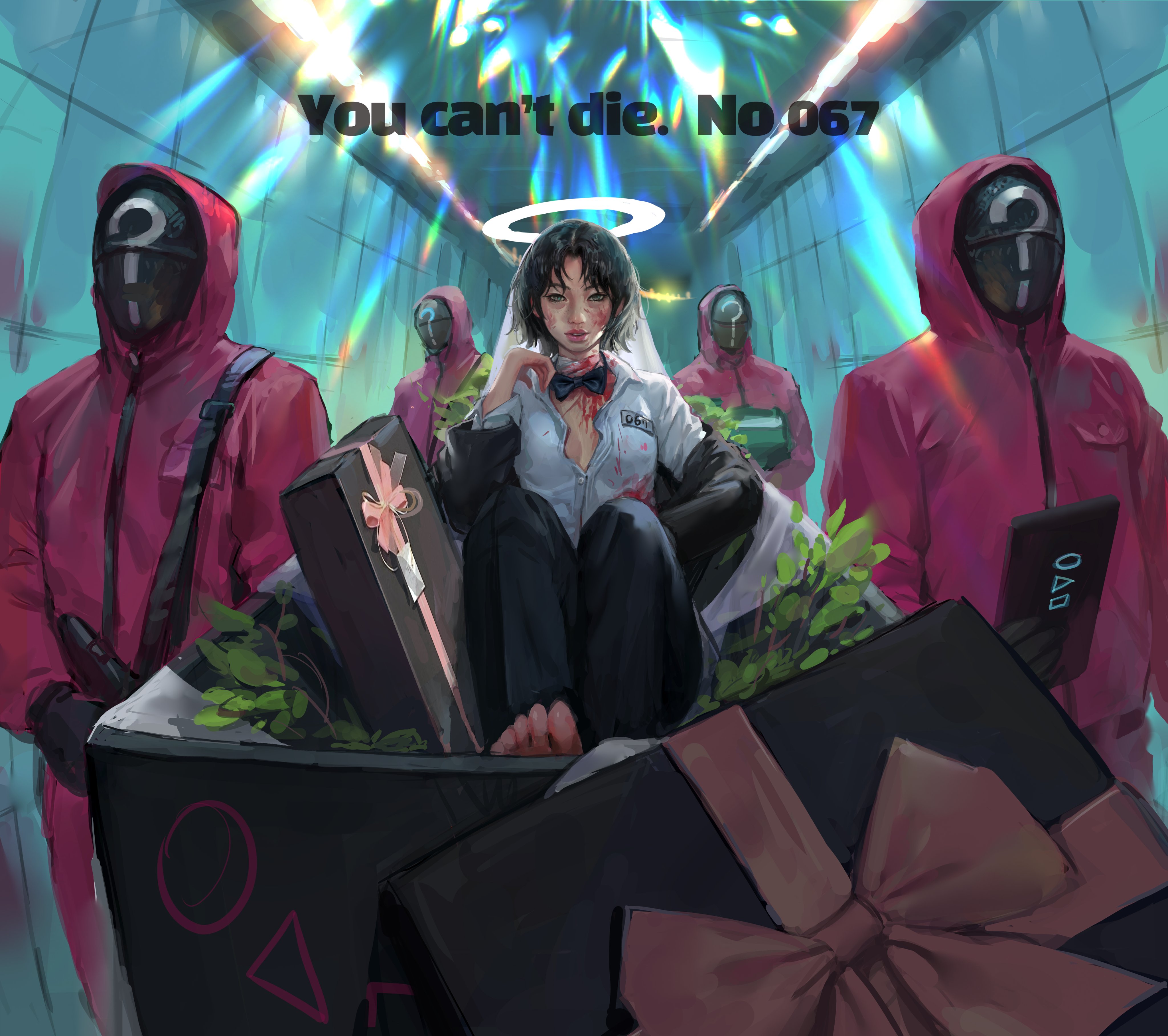 shaonav, kang sae-byeok, soldier (squid game), worker (squid game), squid game, absurdres, highres, ?, bag, bandaged neck, bandages, barefoot, black gloves, black jacket, blood, blood splatter, bow, bowtie, breasts, cleavage, coffin, english text, fern, full body, gloves, hallway, halo, hood, hood up, indoors, jacket, jacket partially removed, lens flare, looking at viewer, partially unbuttoned, pink jacket, plant, ribbon, shoulder bag, sitting, smirk, tile wall, tiles, veil