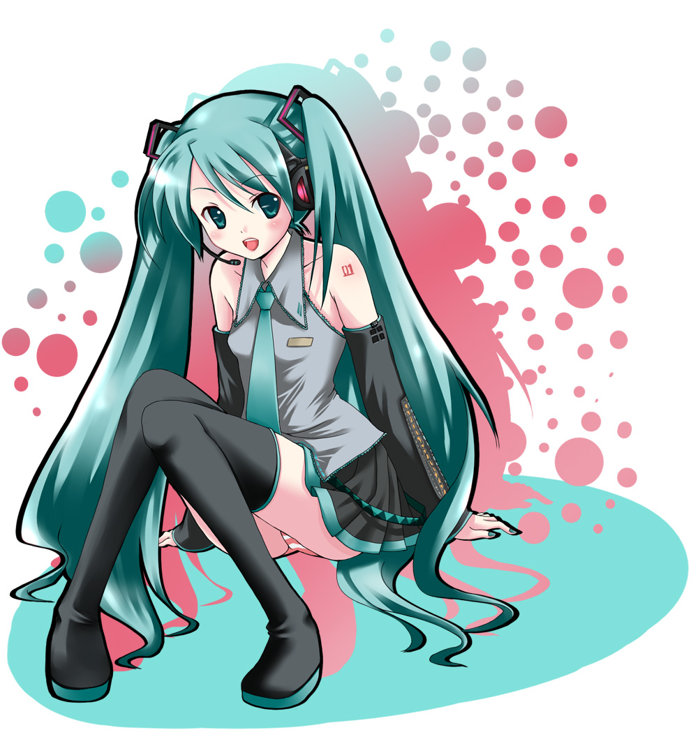 taha, hatsune miku, vocaloid, arms at sides, black thighhighs, blouse, collared shirt, frilled shirt, frills, grey shirt, long hair, panties, shirt, shoulder tattoo, sleeveless, sleeveless shirt, solo, striped clothes, striped panties, tattoo, thighhighs, twintails, underwear, very long hair, white background, zettai ryouiki