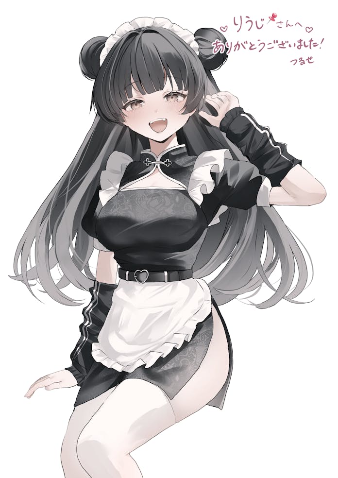 tsuruse, hiizumi rinne, sakura no sekai, commentary, commission, skeb commission, translated, 1girl, above-cleavage cutout, artist name, belt, black belt, black dress, black hair, black sleeves, blunt ends, breasts, brown eyes, buckle, china dress, chinese clothes, clothing cutout, commissioner name, detached sleeves, double-parted bangs, double bun, dress, fangs, floral print, floral print dress, hair bun, hand up, headdress, heart, heart-shaped buckle, heart belt, large breasts, long hair, looking at viewer, maid, open mouth, print dress, pushpin, qi maid, rose print, short sleeves, side slit, simple background, smile, solo, teeth, thighhighs, upper teeth only, white background, white thighhighs