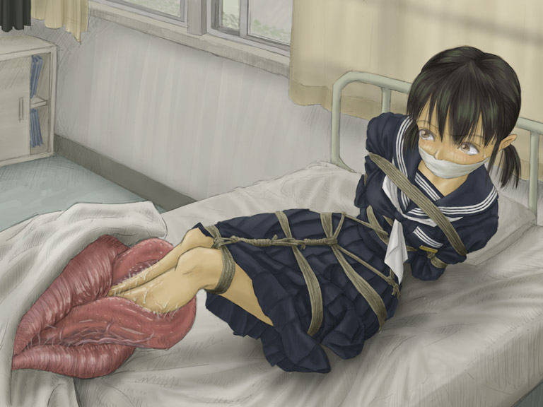 1girl, bdsm, bed, black hair, bondage, bound, cloth gag, female focus, gag, gagged, guro, improvised gag, rope, school, school uniform, serafuku, shibari, shibari over clothes, short twintails, solo, tentacles, tongue, twintails, vore, what