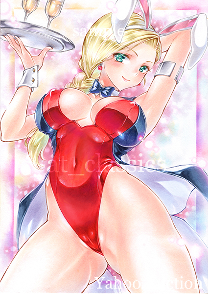 at classics, bianca (dq5), dragon quest, dragon quest v, commentary request, traditional media, 1girl, alcohol, animal ear hairband, animal ears, aqua eyes, arm behind head, armlet, blonde hair, blue bow, blue bowtie, bow, bowtie, braid, breasts, cameltoe, champagne, cleavage, covered erect nipples, covered navel, cowboy shot, detached collar, fake animal ears, from below, gluteal fold, gradient background, hairband, highleg, highleg leotard, holding, holding tray, jewelry, large breasts, leotard, looking down, playboy bunny, rabbit ears, red leotard, sample watermark, silver armlet, single braid, solo, tailcoat, tailcoat playboy bunny, tray, underboob, watermark, wrist cuffs